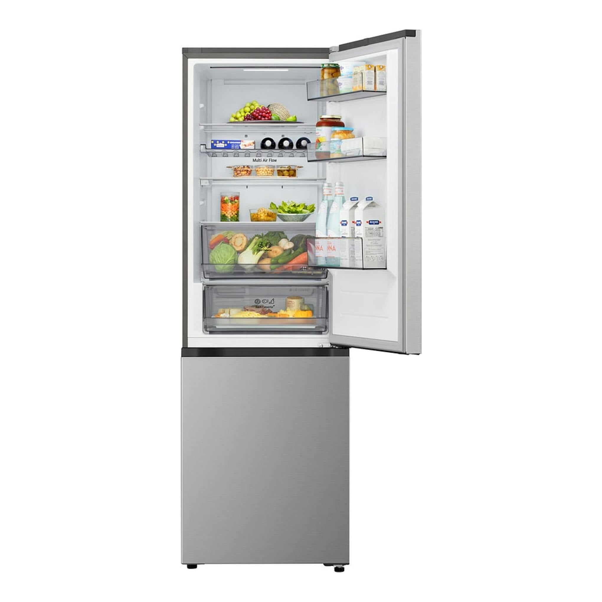 Frigorífico combi LG GBBS312BPY.APYQEUZ integrado, vista frontal, acabado plata, puerta abierta con interior visible.