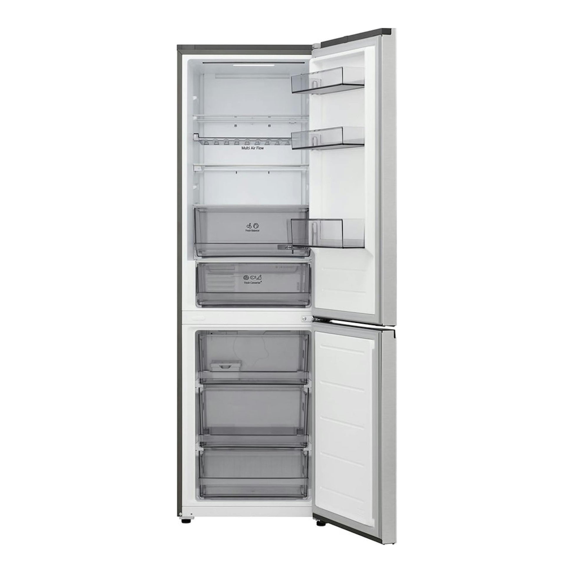 Frigorífico combi LG GBBS312BPY.APYQEUZ integrable, blanco, con puertas abiertas, vista frontal.