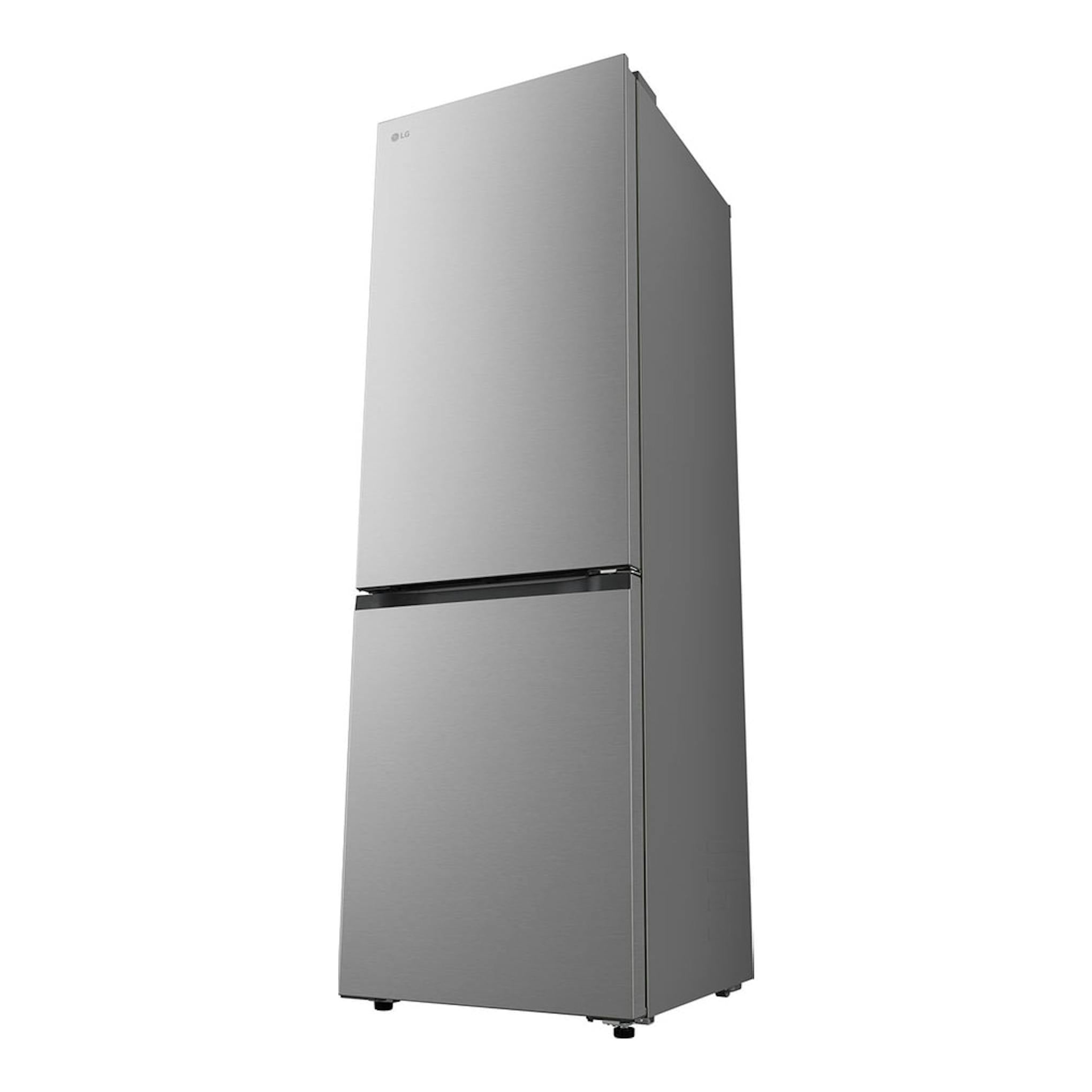 Frigorífico combi LG plateado, vista frontal en ángulo, dos puertas, acabado integrable.