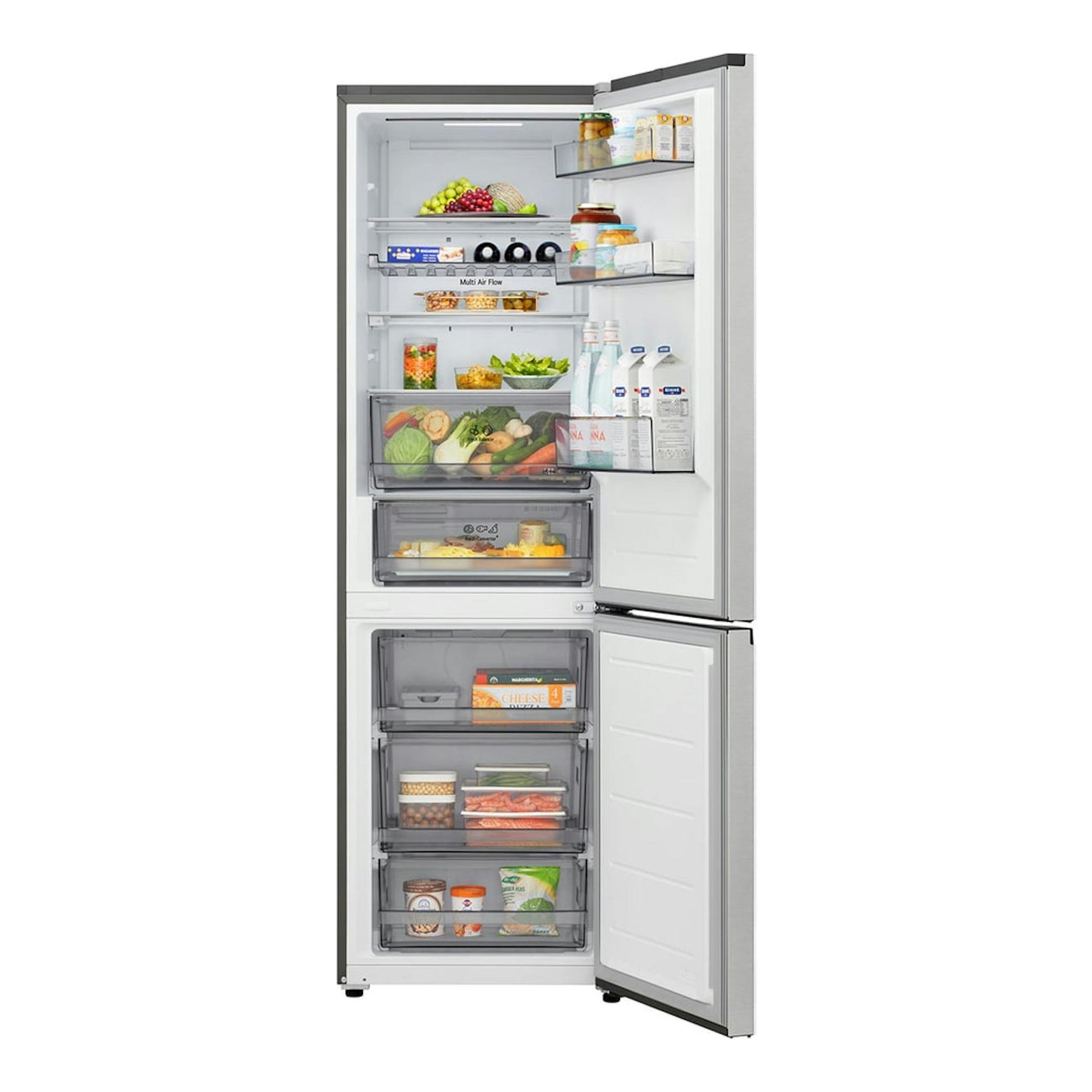 Frigorífico combi LG GBBS312BPY.APYQEUZ blanco, frontal, con puertas abiertas e interior visible.