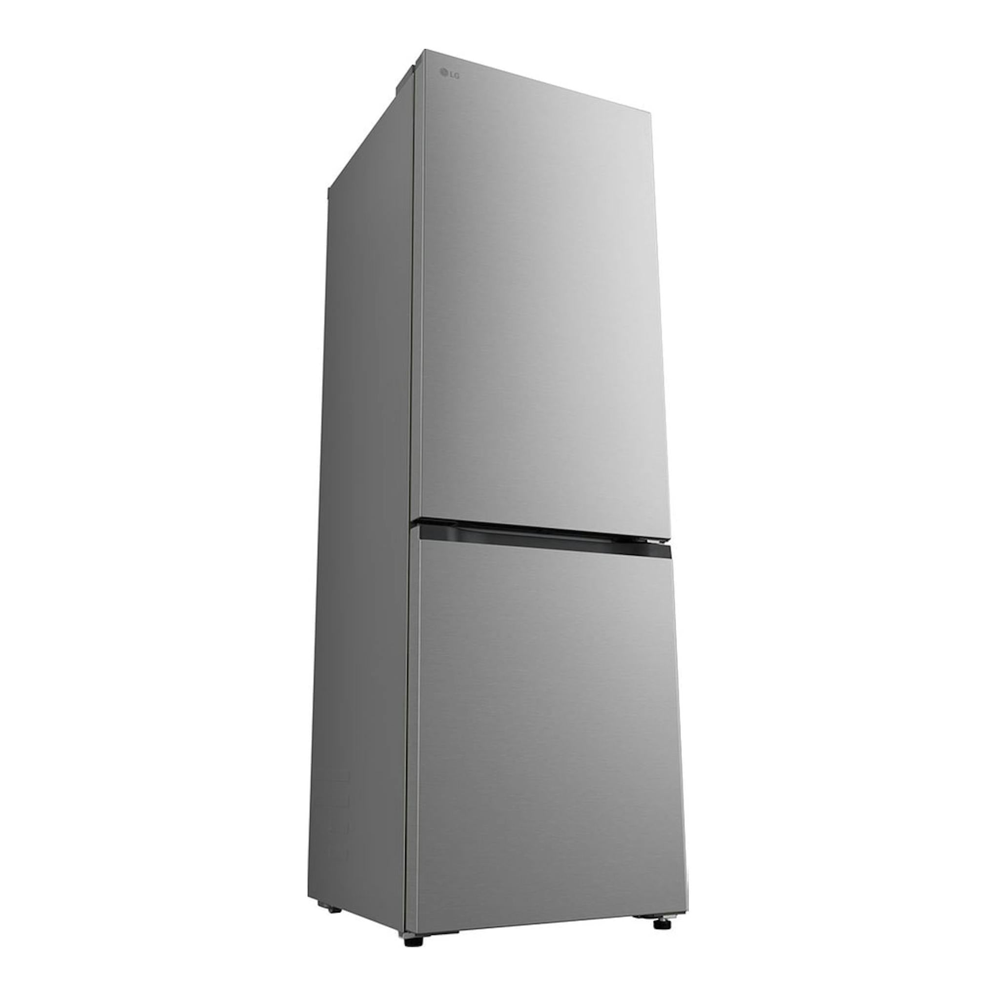Frigorífico combi LG GBBS312BPY.APYQEUZ, color plata, vista frontal en ángulo.