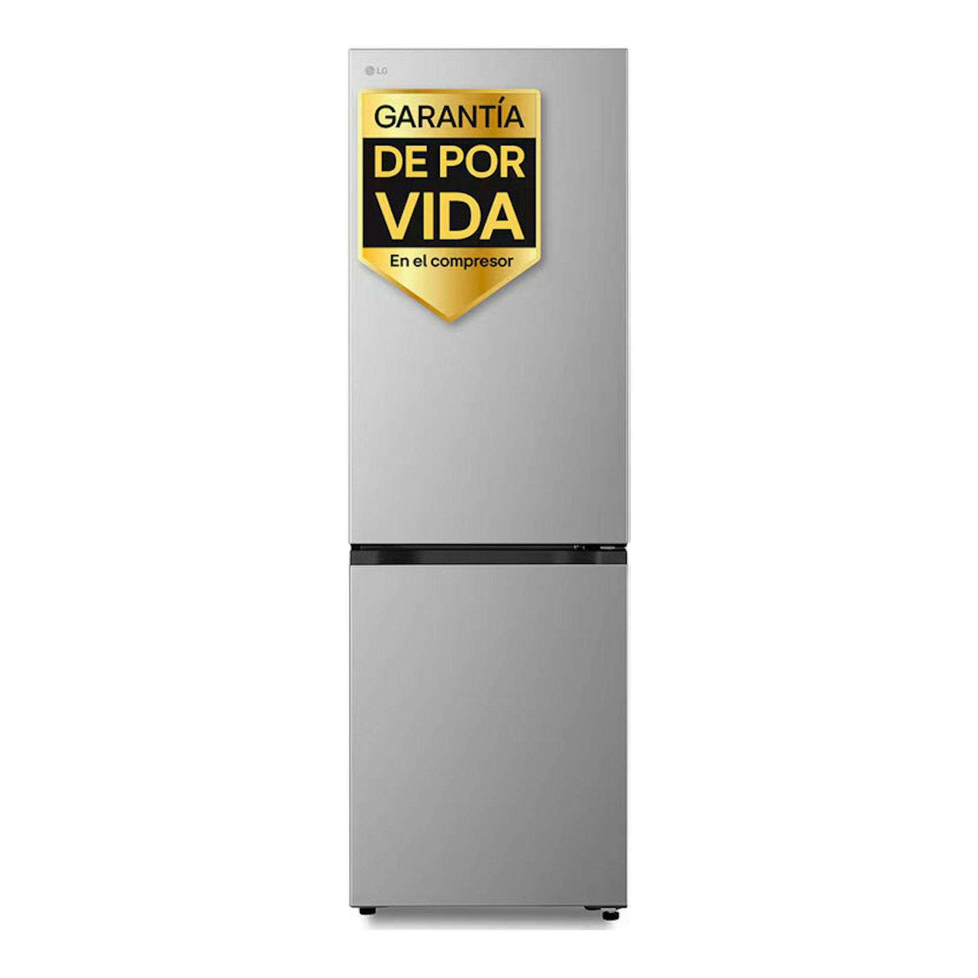Frigorífico combi LG GBBS312CPY inox, vista frontal, con pegatina de garantía en la puerta superior.