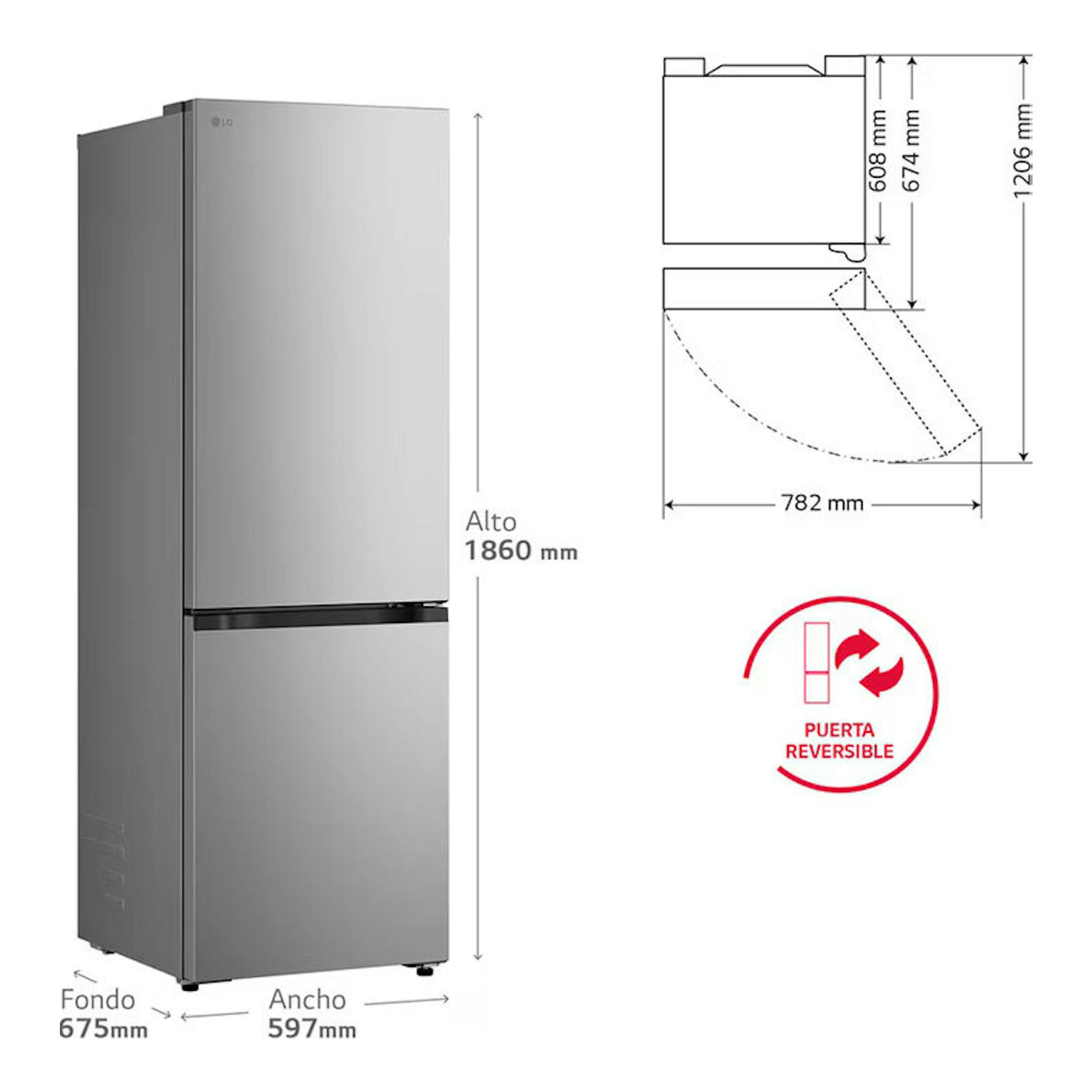 Frigorífico combi LG GBBS312CPY inox, vista frontal y lateral con medidas y puerta reversible.