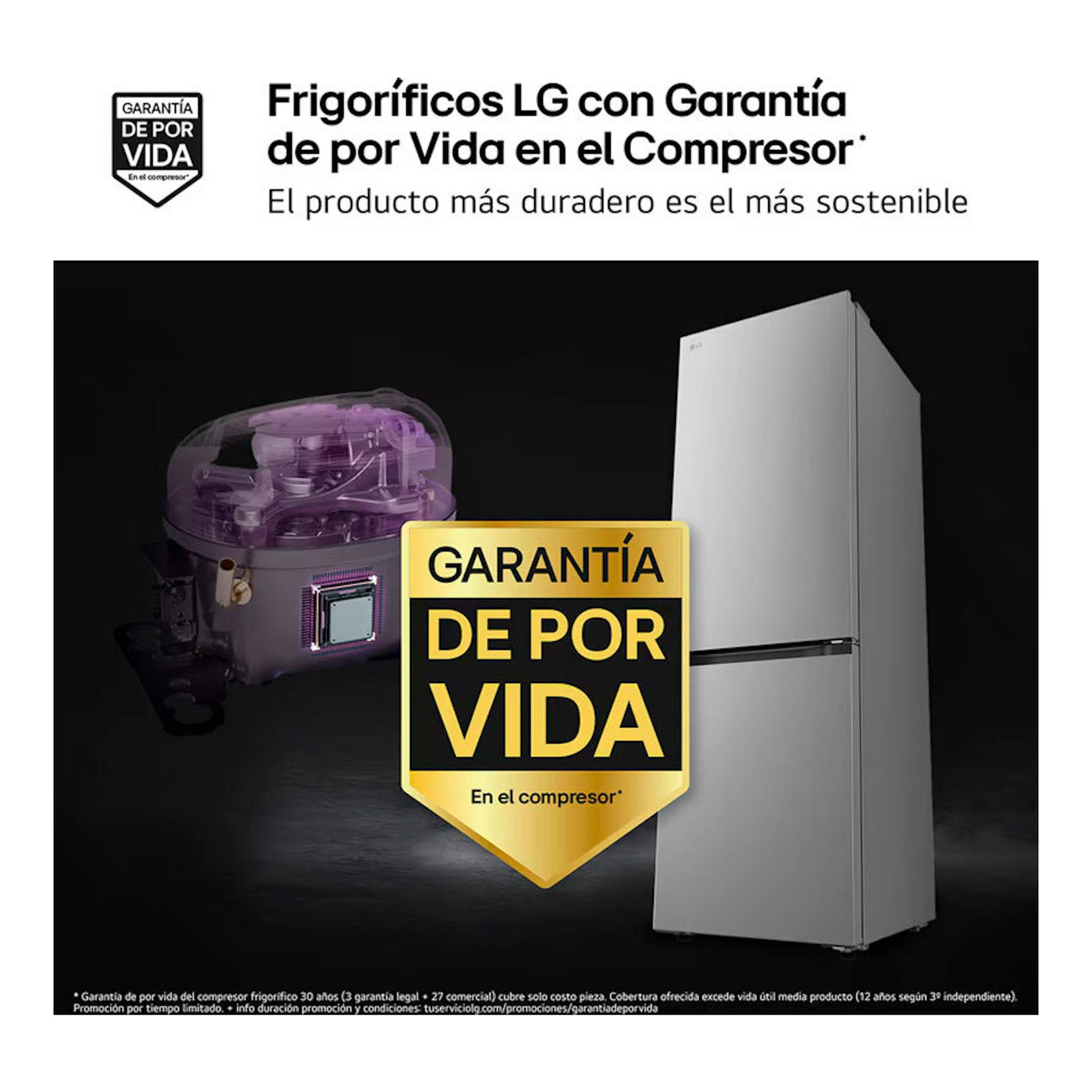 Frigorífico combi LG GBBS312CPY inox, vista frontal, con sello de garantía de por vida del compresor.