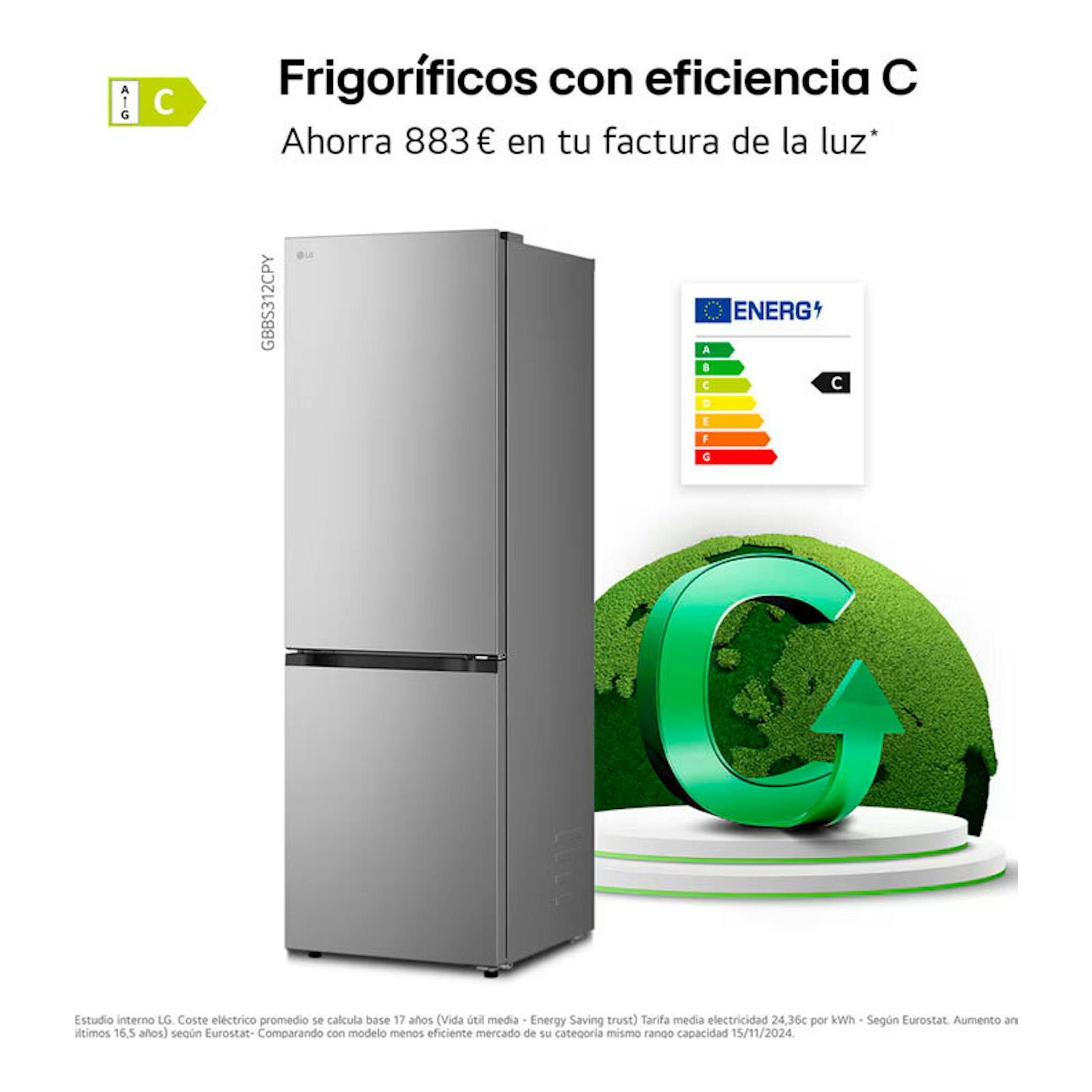 Frigorífico combi LG GBBS312CPY inox, vista frontal en tres cuartos, con etiqueta energética C.
