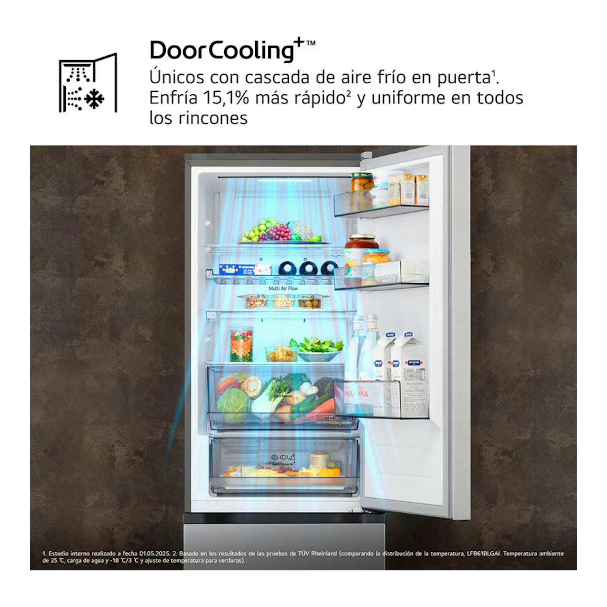 Frigorífico combi LG GBBS312CPY inox, vista frontal abierta con interior iluminado y alimentos.
