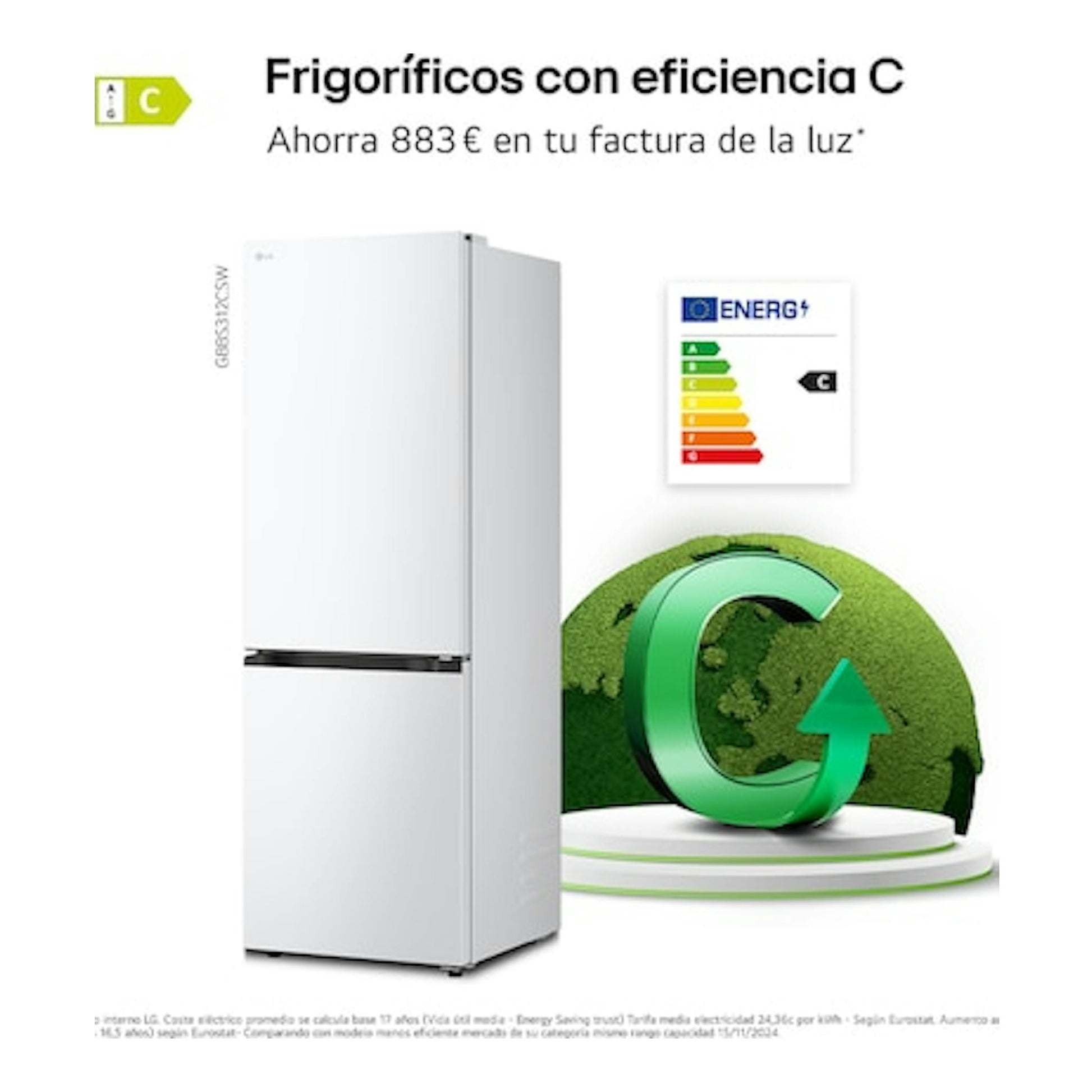 Frigorífico combi LG GBBS312CSW blanco, vista frontal, con etiqueta energética C.