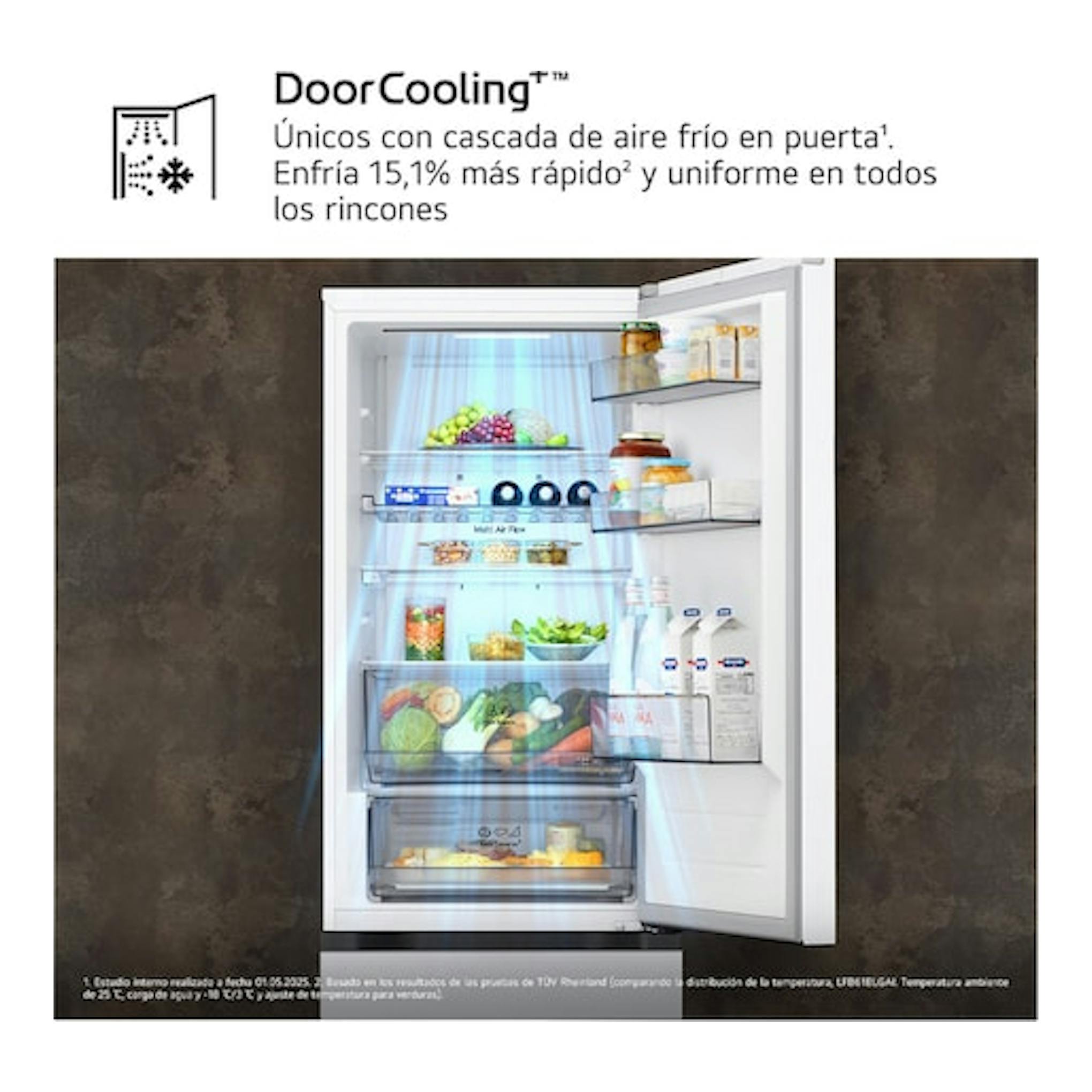 Frigorífico combi LG GBBS312CSW blanco, vista frontal con puerta abierta e interior iluminado.