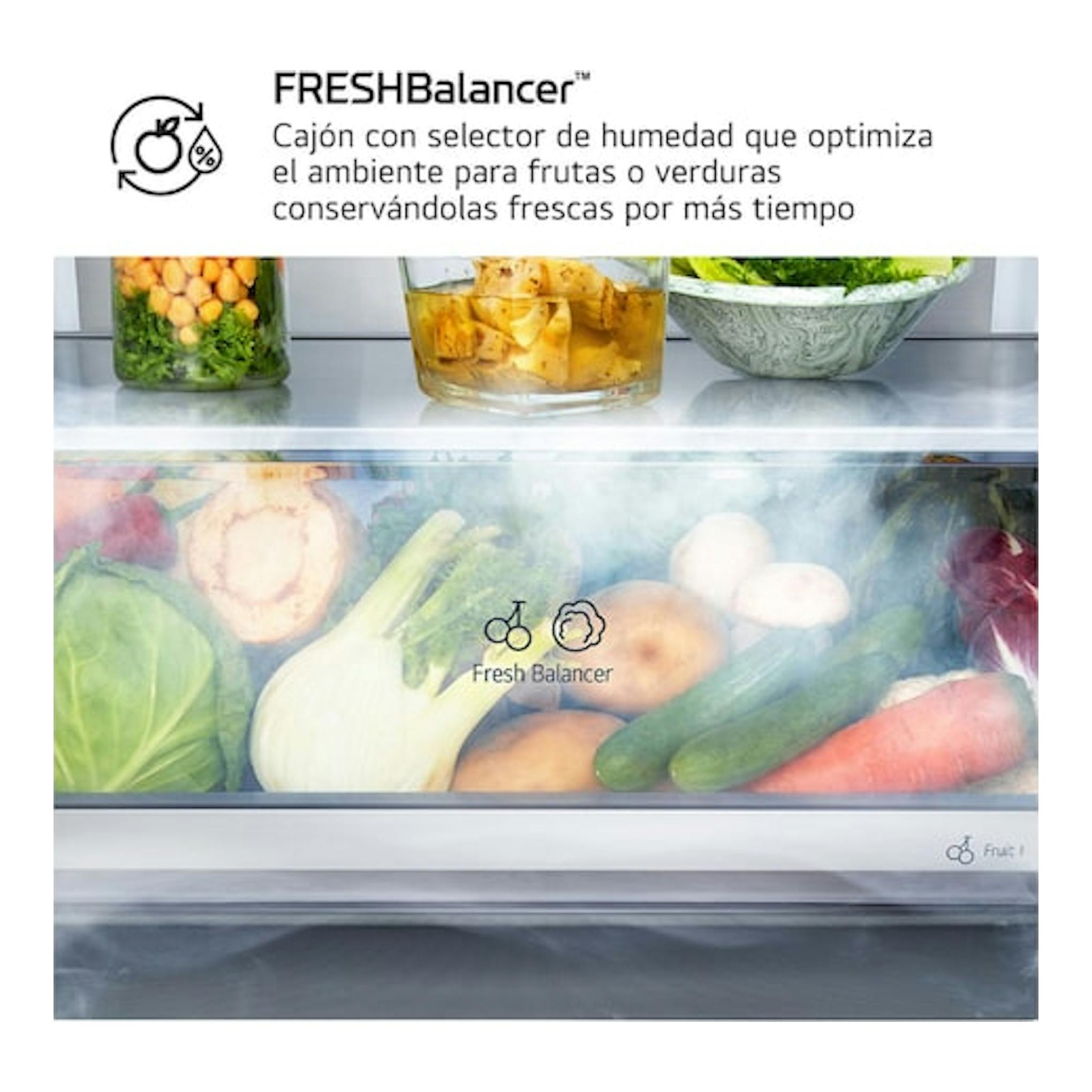LG GBBS312CSW: cajón Fresh Balancer de frigorífico, vista frontal con frutas y verduras.