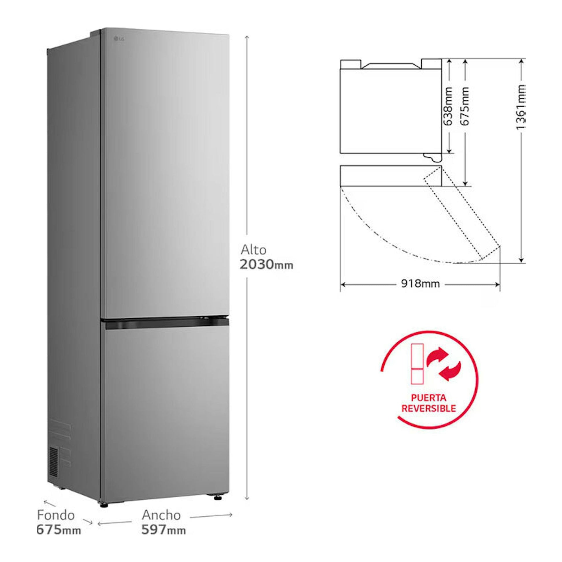 Frigorífico combi LG GBBS322APY inox, vista frontal en ángulo, con medidas y puerta reversible.
