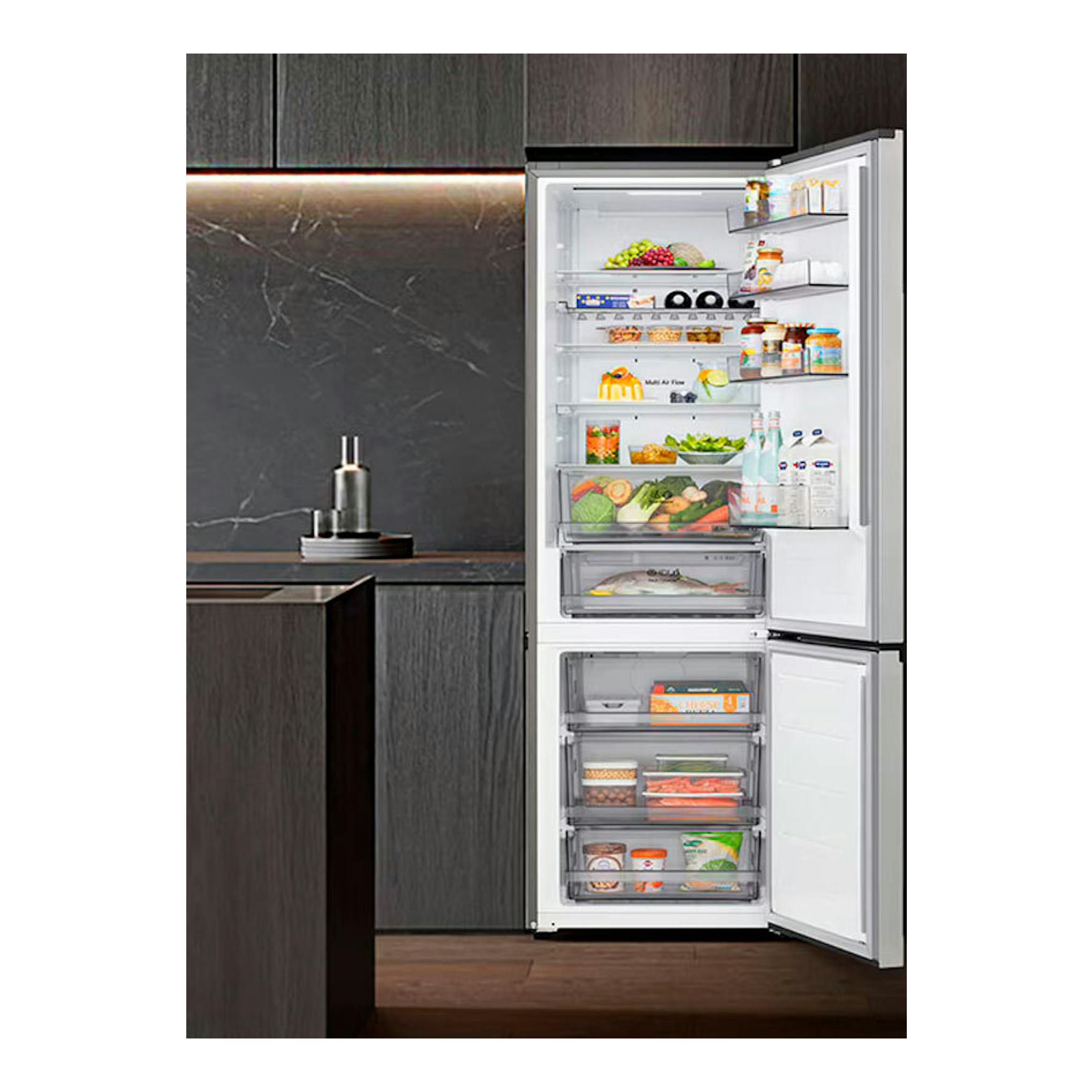 Frigorífico combi LG GBBS322APY inox, vista frontal con puertas abiertas y compartimentos visibles.