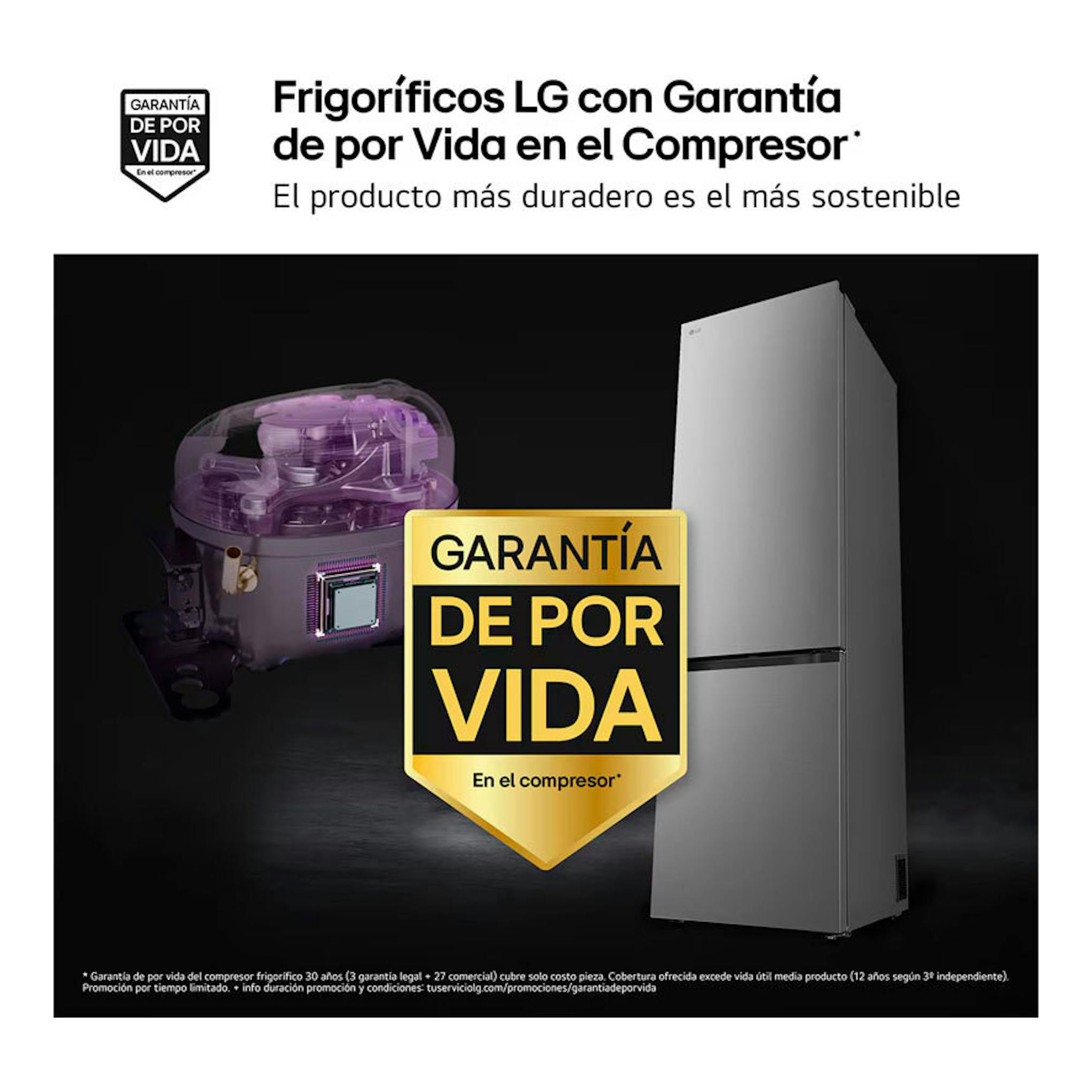 Frigorífico combi LG inox, vista frontal, junto a un compresor y sello de garantía de por vida.