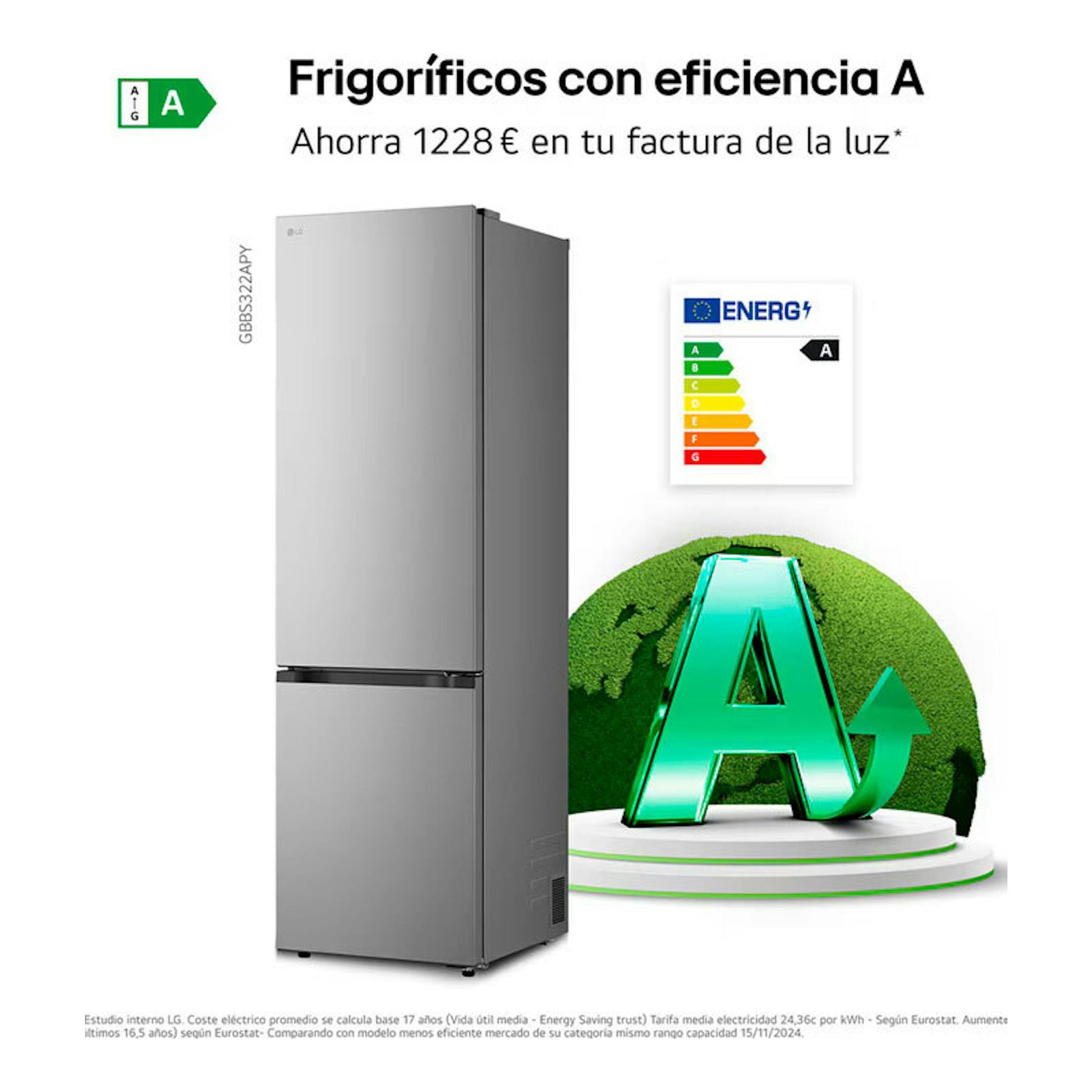 Frigorífico combi LG GBBS322APY inox, vista frontal en ángulo, con etiqueta energética A y fondo promocional.