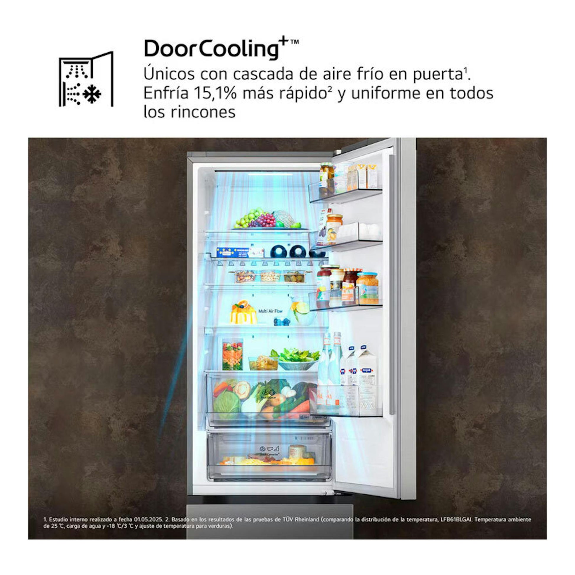 Frigorífico combi LG GBBS322APY en inox, puerta abierta con estantes y cajón, vista frontal.