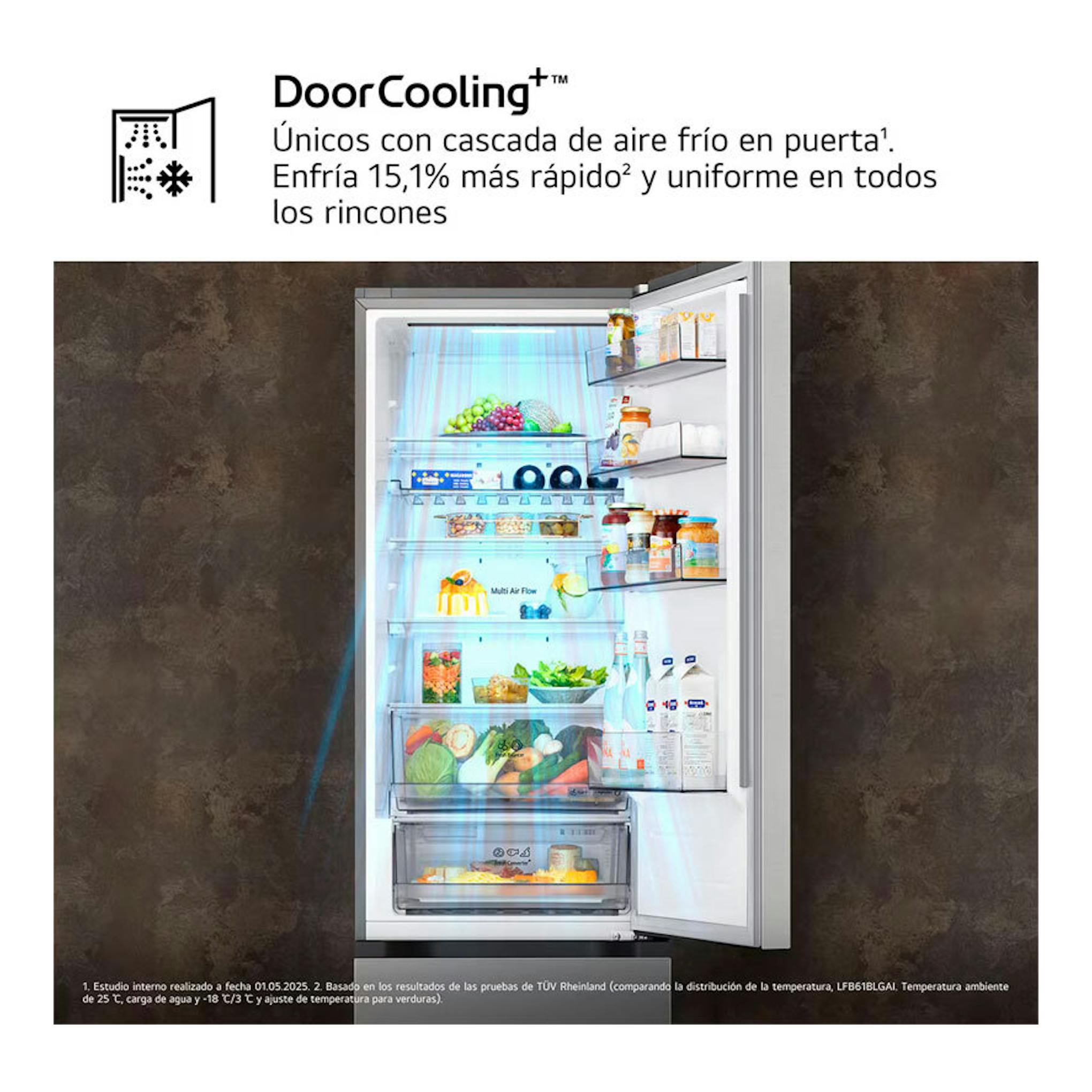 Frigorífico combi LG GBBS322APY en inox, puerta abierta con estantes y cajón, vista frontal.