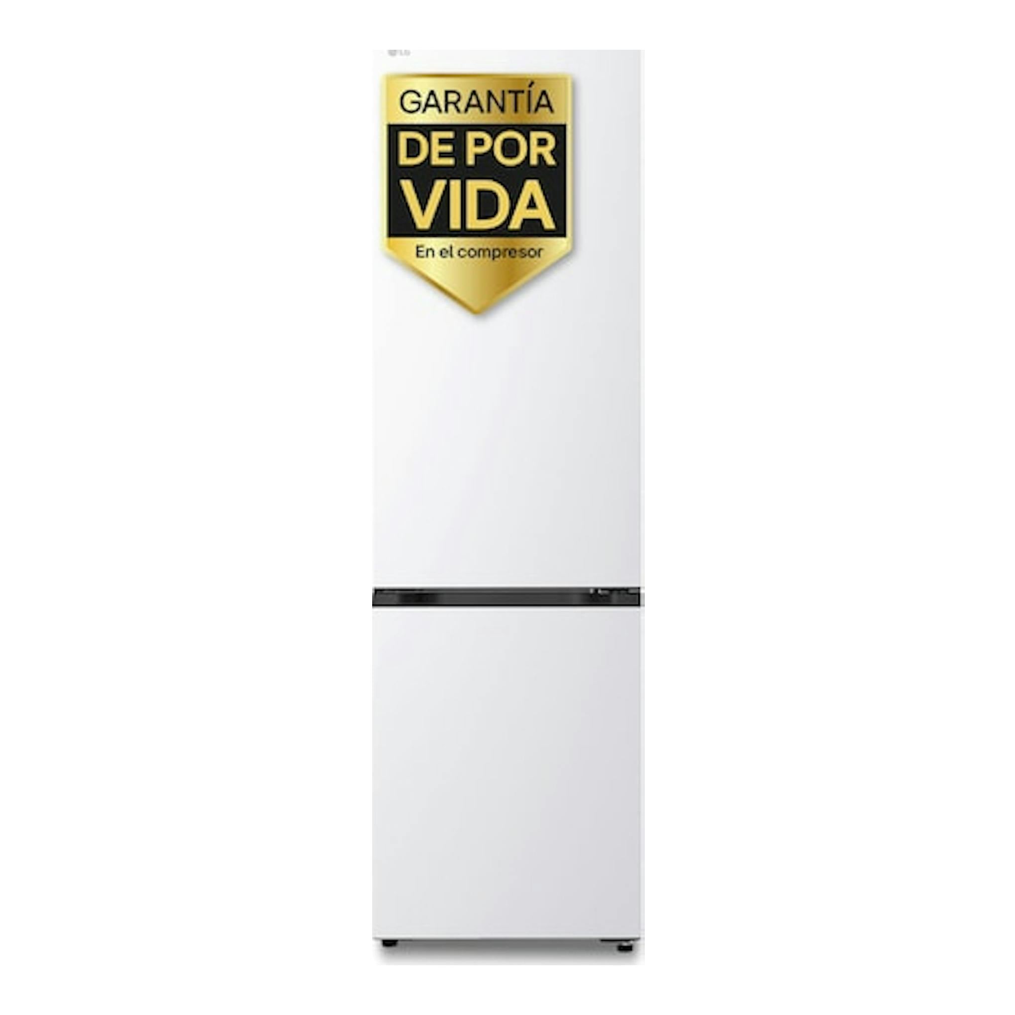 Frigorífico combi LG GBBS322ASW blanco, vista frontal, con sello dorado de garantía de por vida en el compresor.
