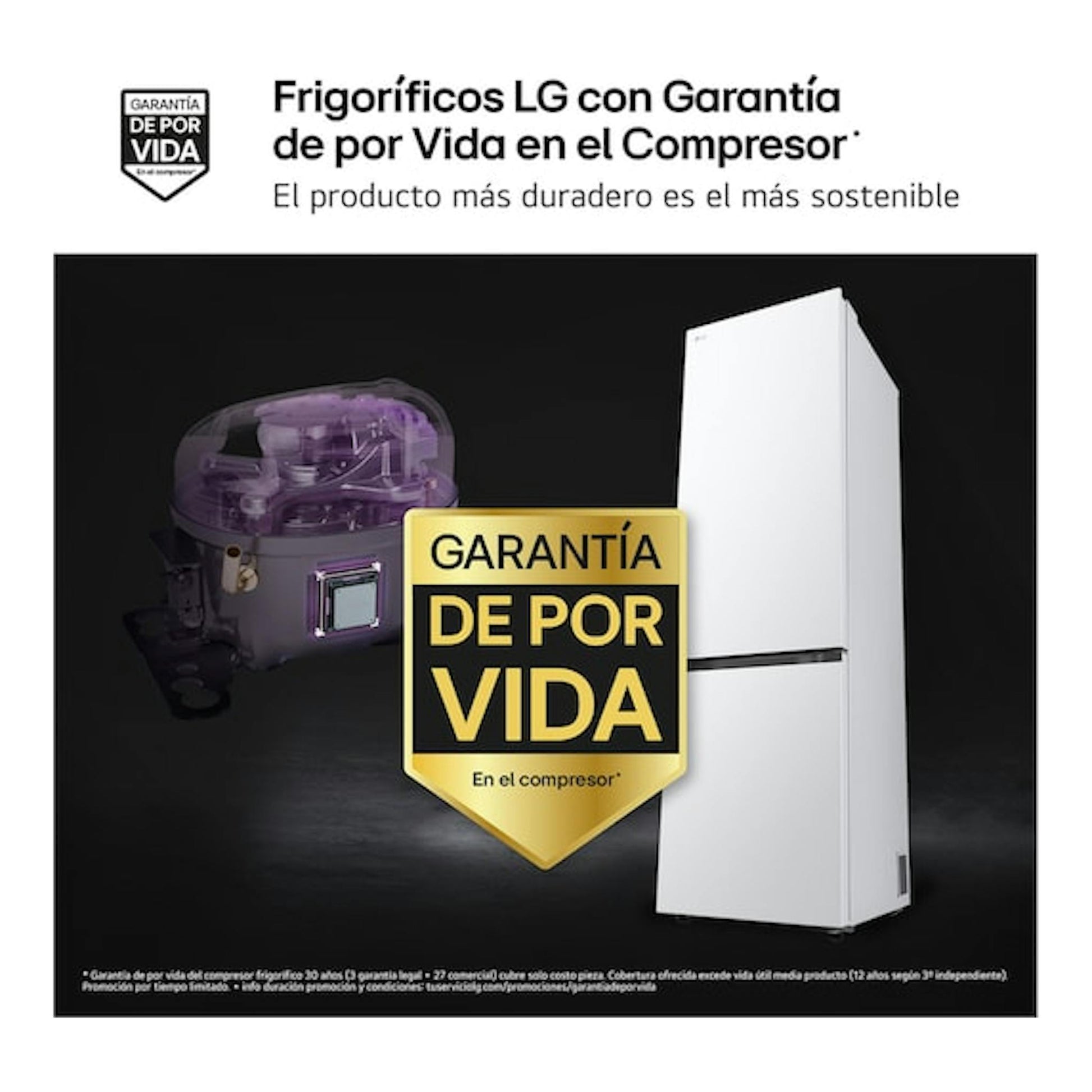 Frigorífico combi LG GBBS322ASW blanco, vista frontal en tres cuartos, con sello «Garantía de por vida».