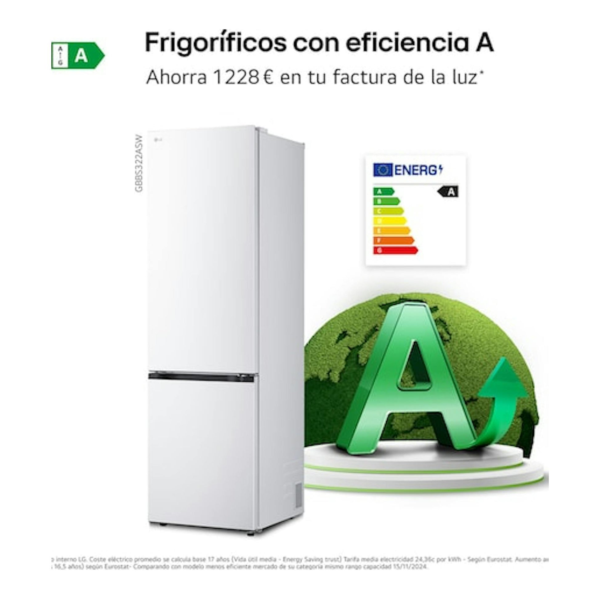Frigorífico combi LG GBBS322ASW blanco, vista frontal en tres cuartos, con etiqueta energética A.