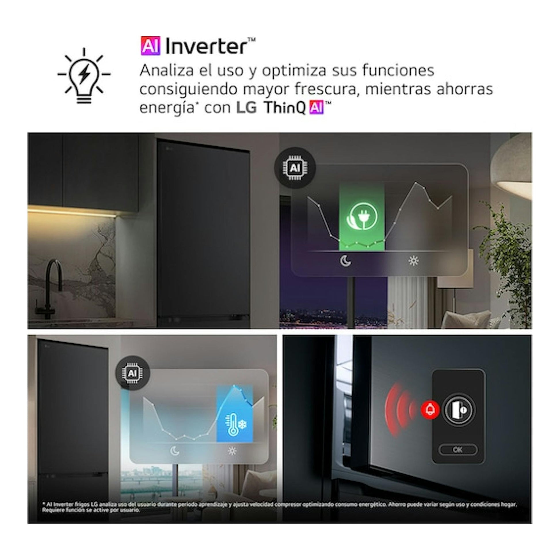 Anuncio del frigorífico LG GBBS322ASW en color oscuro, con gráficos de AI Inverter y LG ThinQ AI.