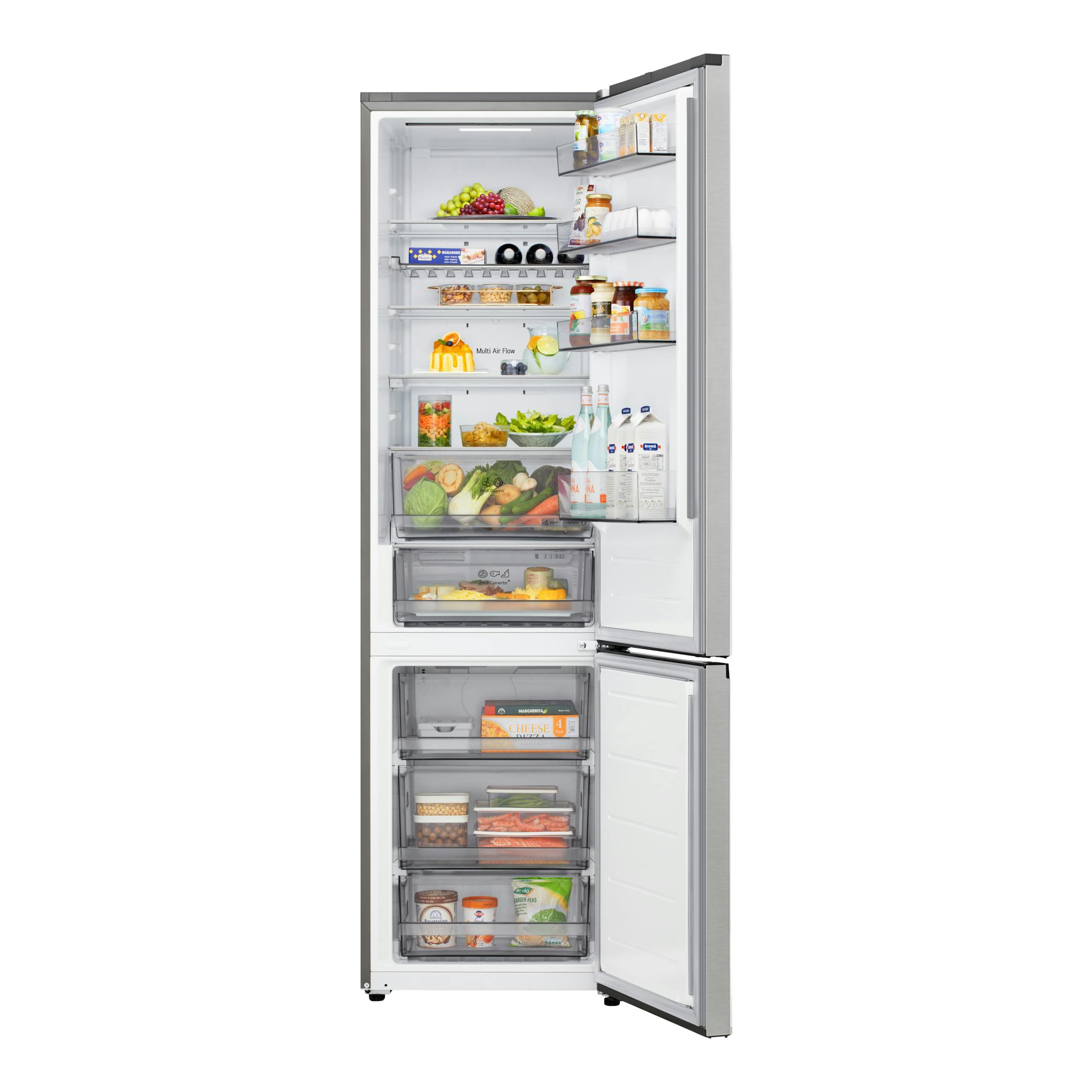 Frigorífico combi LG GBBS322BPY inox, vista frontal con puertas abiertas y estantes visibles.