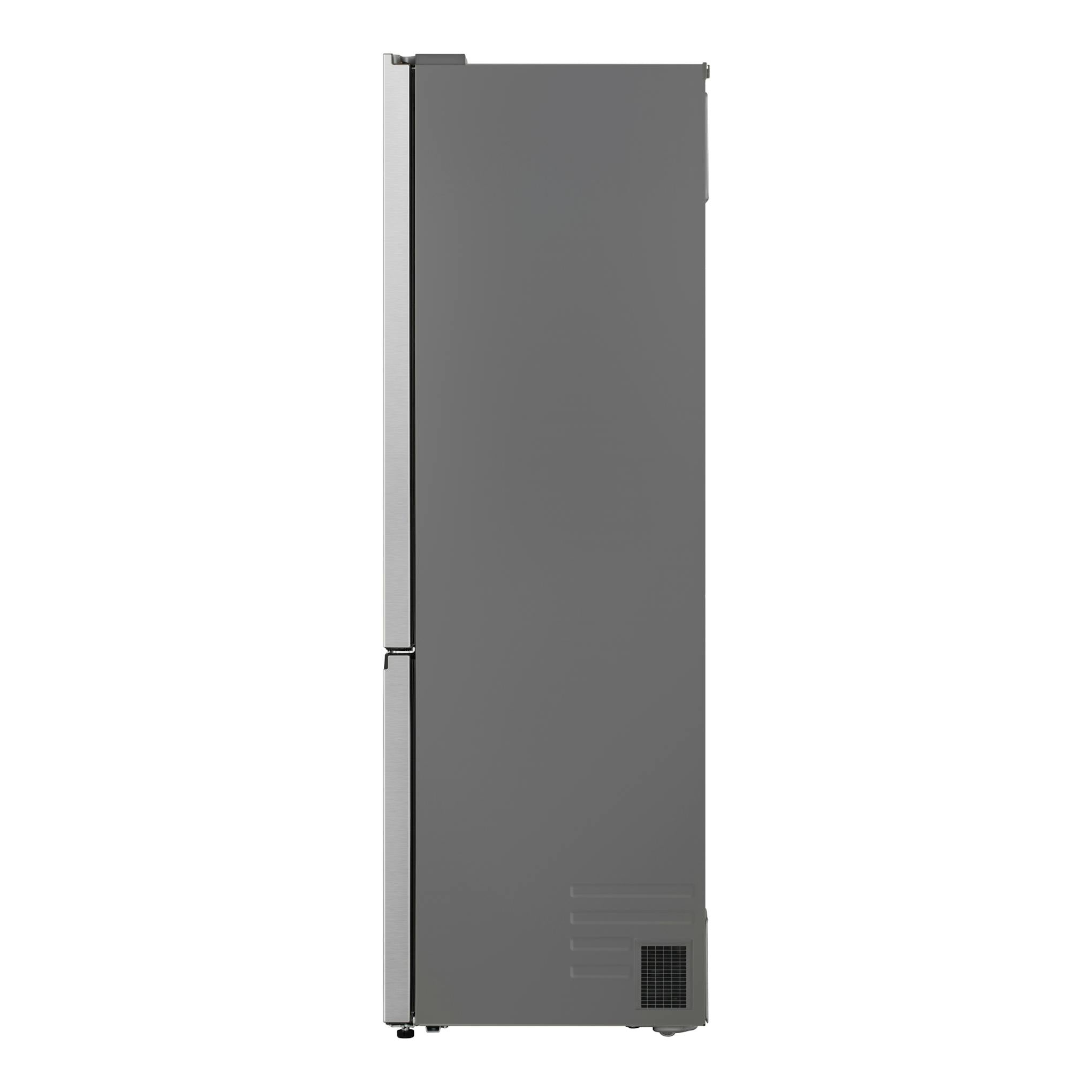 Frigorífico combi LG GBBS322BPY, vista trasera en gris e inox, con rejilla inferior.
