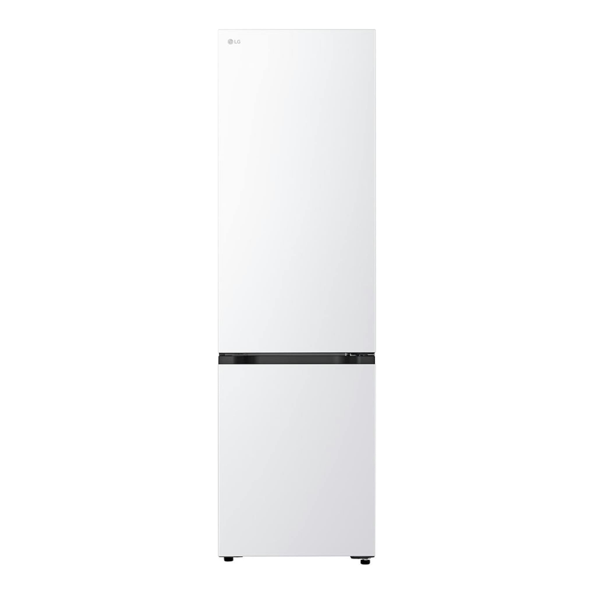 Frigorífico combi LG GBBS322BSW blanco, vista frontal, con dos puertas y franja negra central.