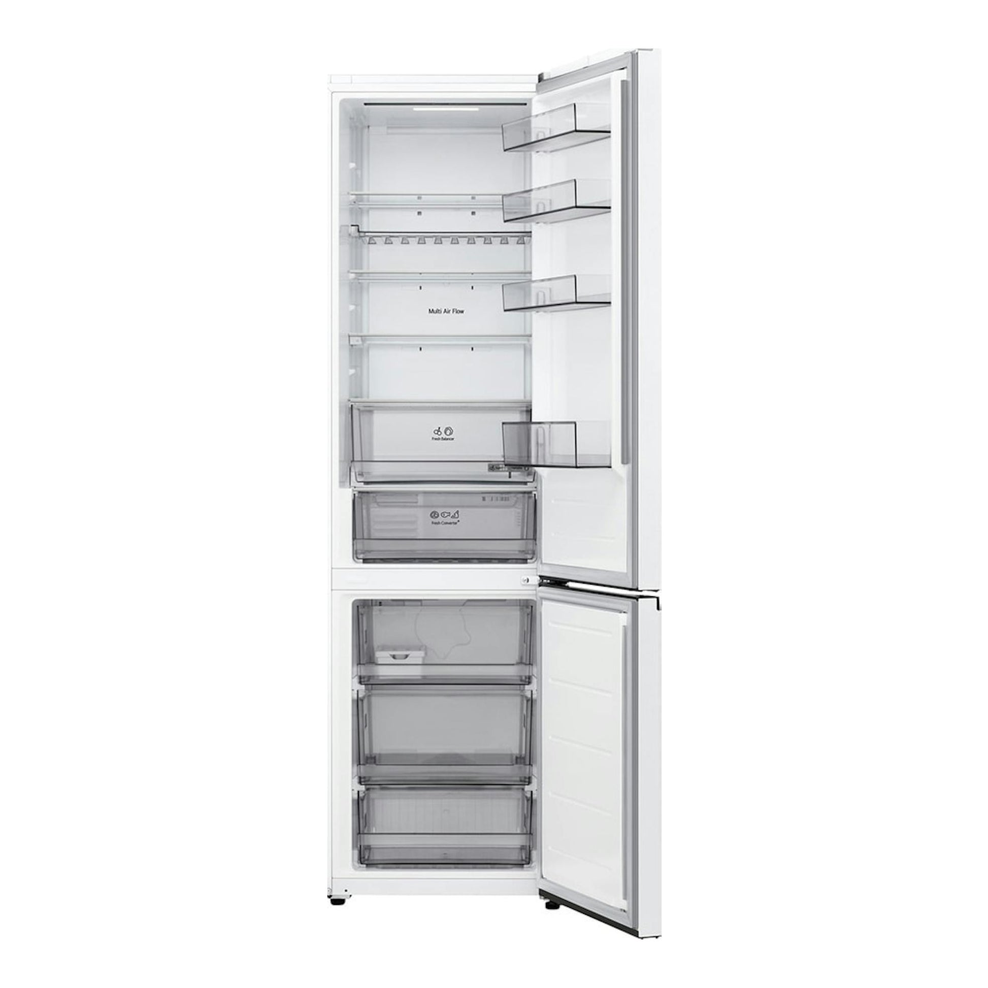 Frigorífico combi LG GBBS322BSW blanco, visto de frente, con puertas abiertas y compartimentos interiores.