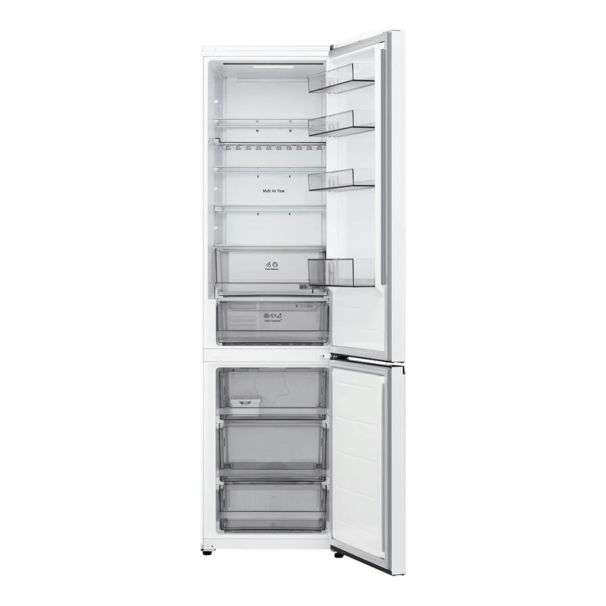 Frigorífico combi LG GBBS322BSW blanco, visto de frente, con puertas abiertas y compartimentos interiores.