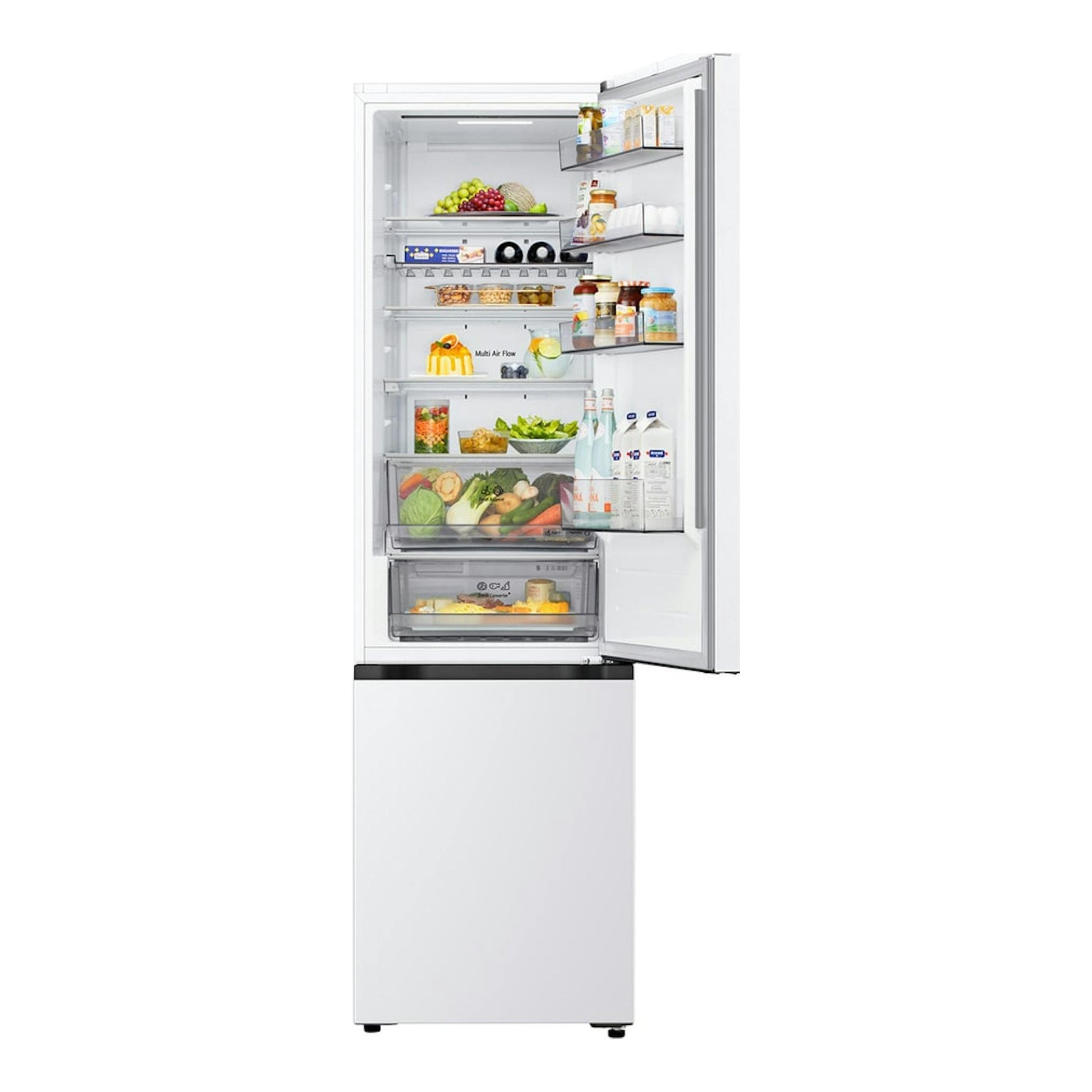 Frigorífico combi LG GBBS322BSW blanco, vista frontal con la puerta abierta y estantes llenos.