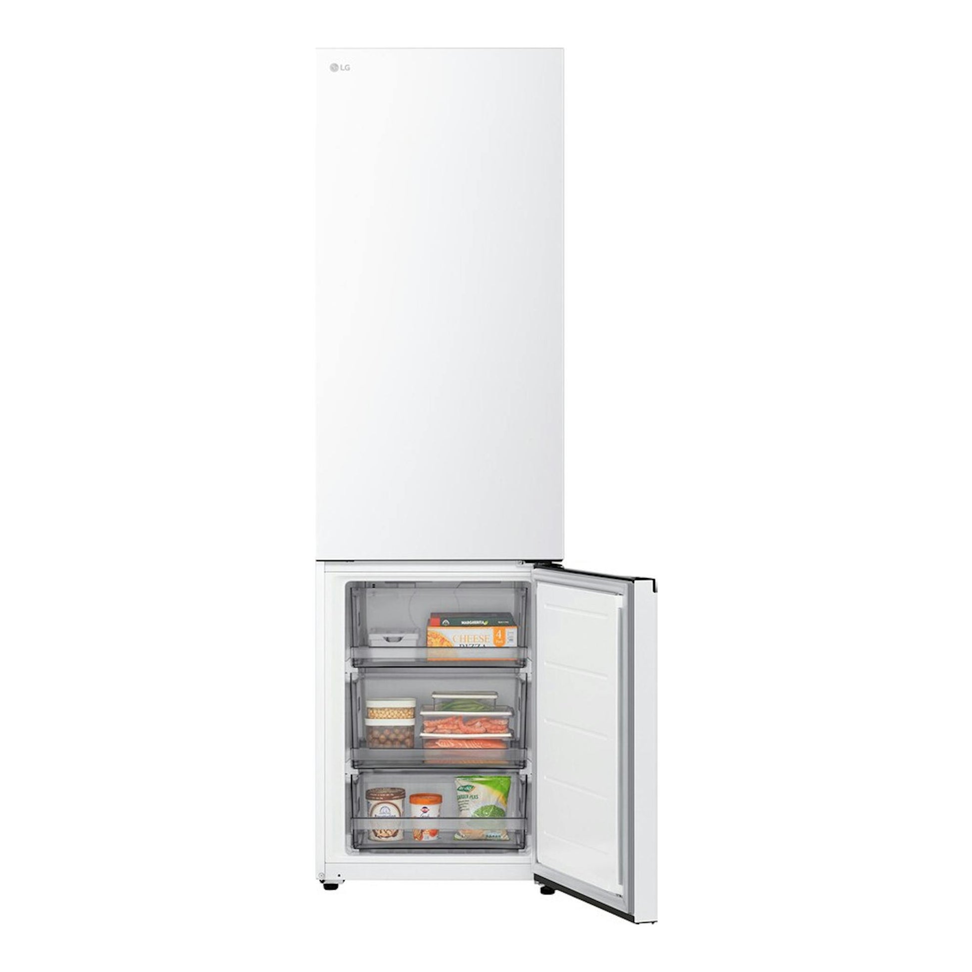 Frigorífico combi LG GBBS322BSW blanco, vista frontal, con la puerta inferior abierta y el interior visible.