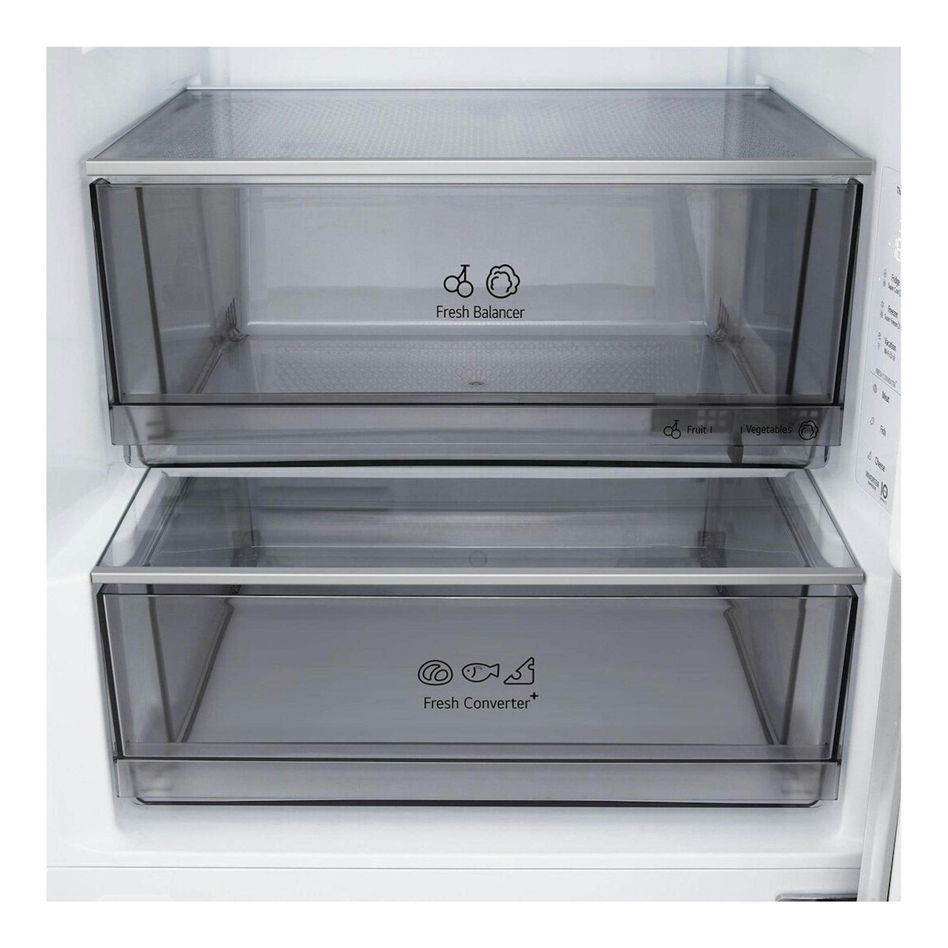 Vista frontal del interior del frigorífico LG GBBS322BSW, blanco, con dos cajones transparentes Fresh Balancer y Fresh Converter.