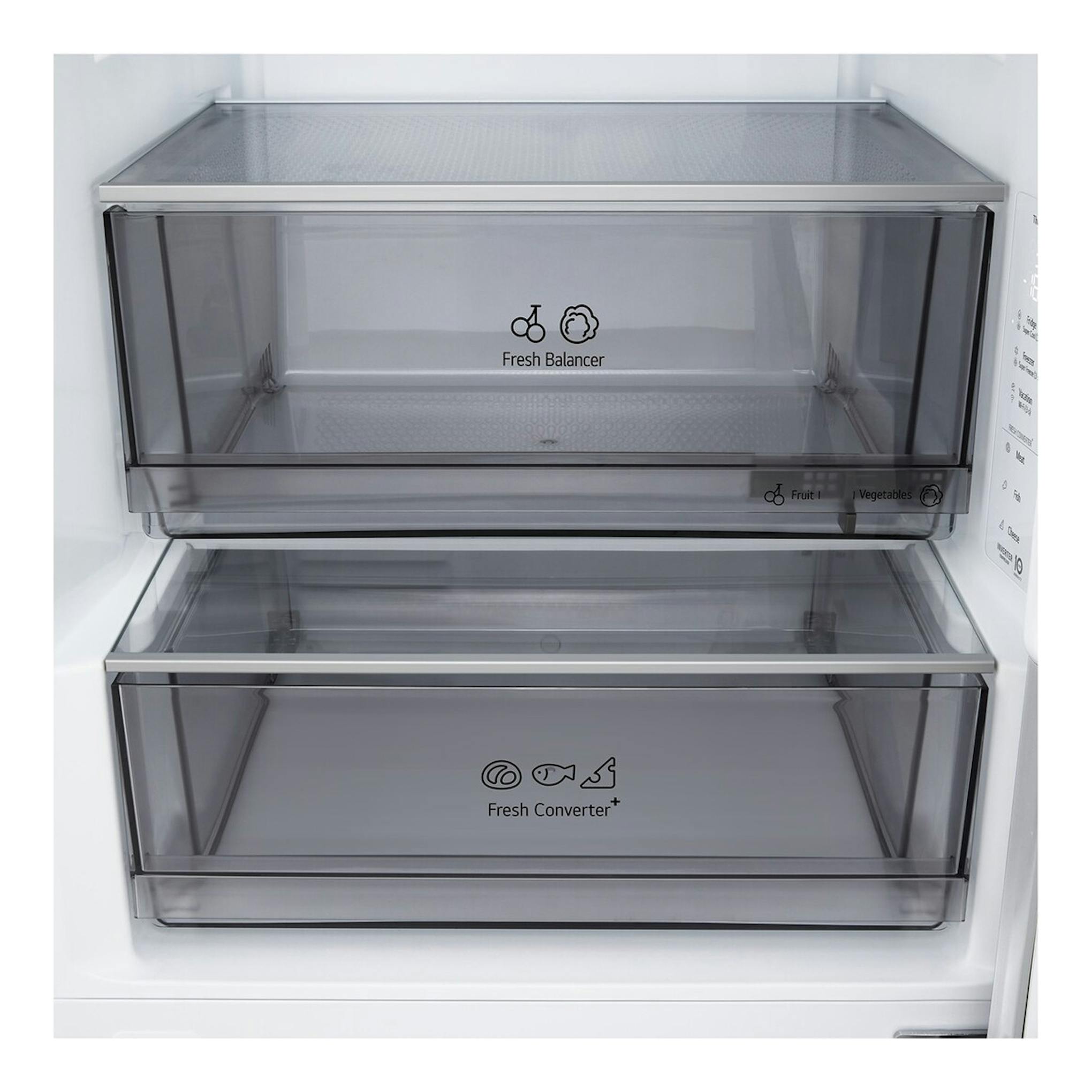 Vista frontal del interior del frigorífico LG GBBS322BSW, blanco, con dos cajones transparentes Fresh Balancer y Fresh Converter.