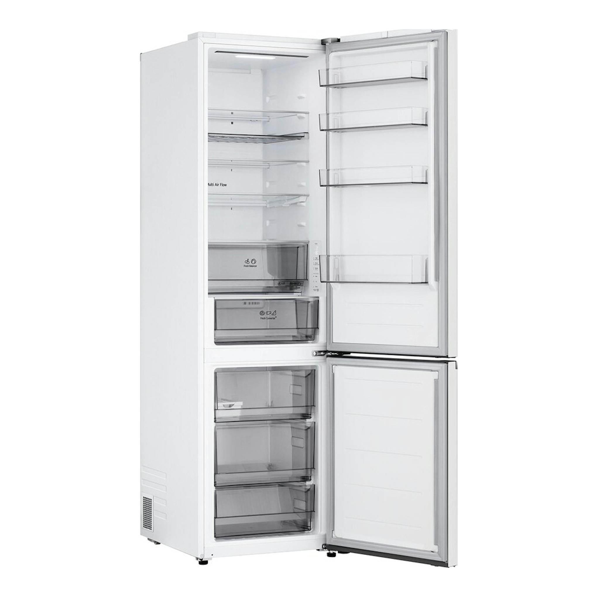 Frigorífico combi LG GBBS322BSW blanco, vista frontal con puertas abiertas y cajones transparentes.
