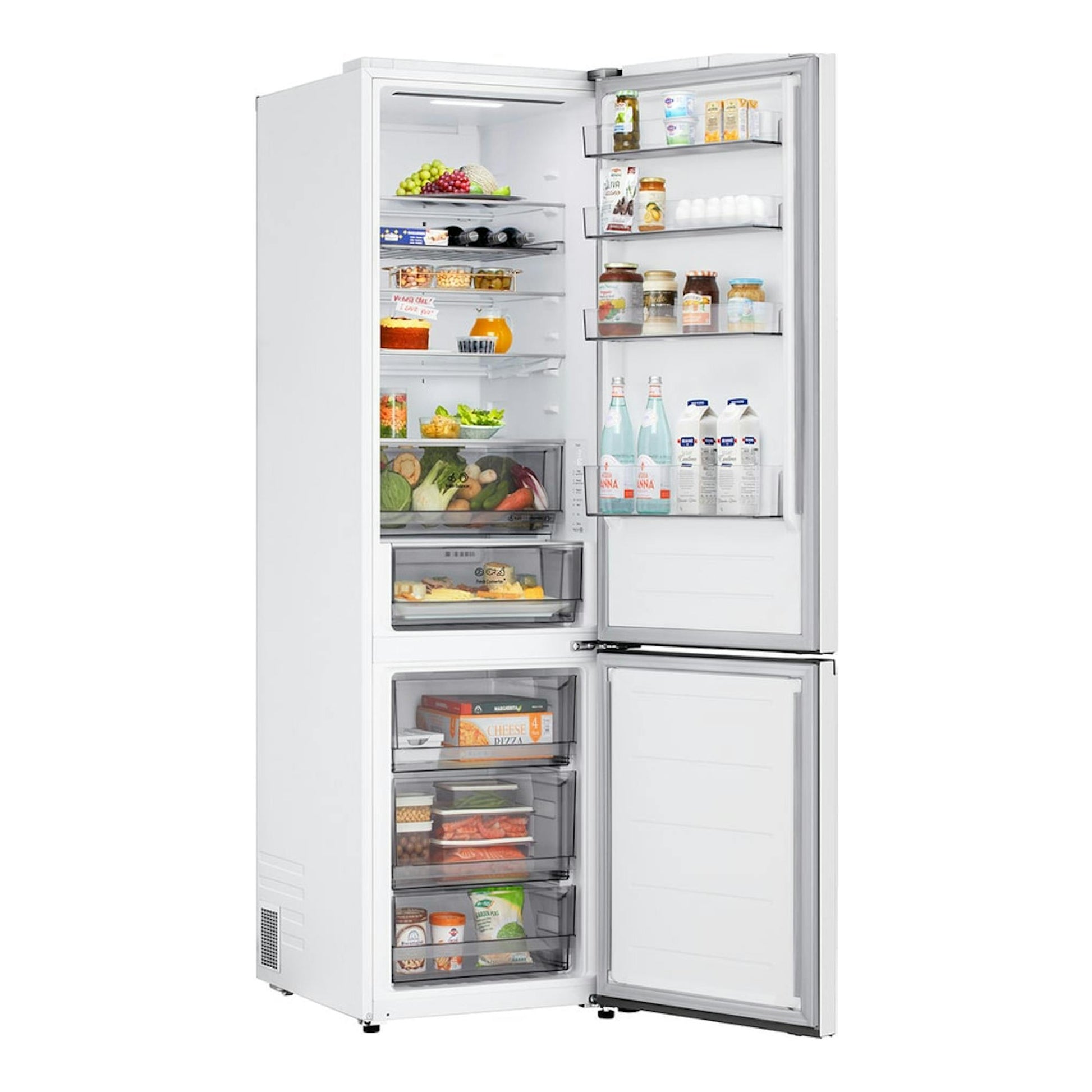 Frigorífico combi LG GBBS322BSW blanco, puerta abierta, vista frontal con compartimentos y estantes visibles.