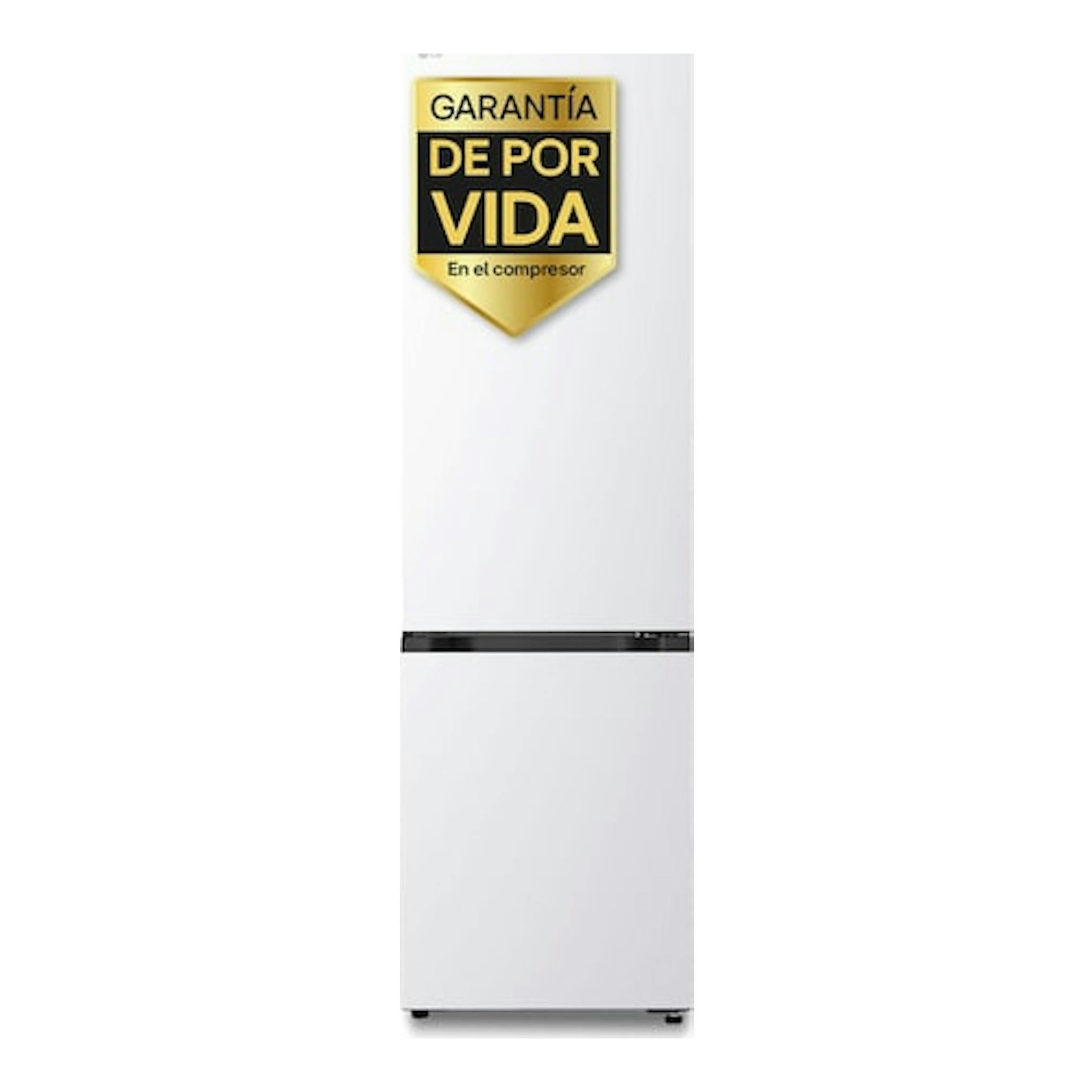 Frigorífico combi LG GBBS322CSW blanco, vista frontal, con adhesivo de garantía en el compresor.