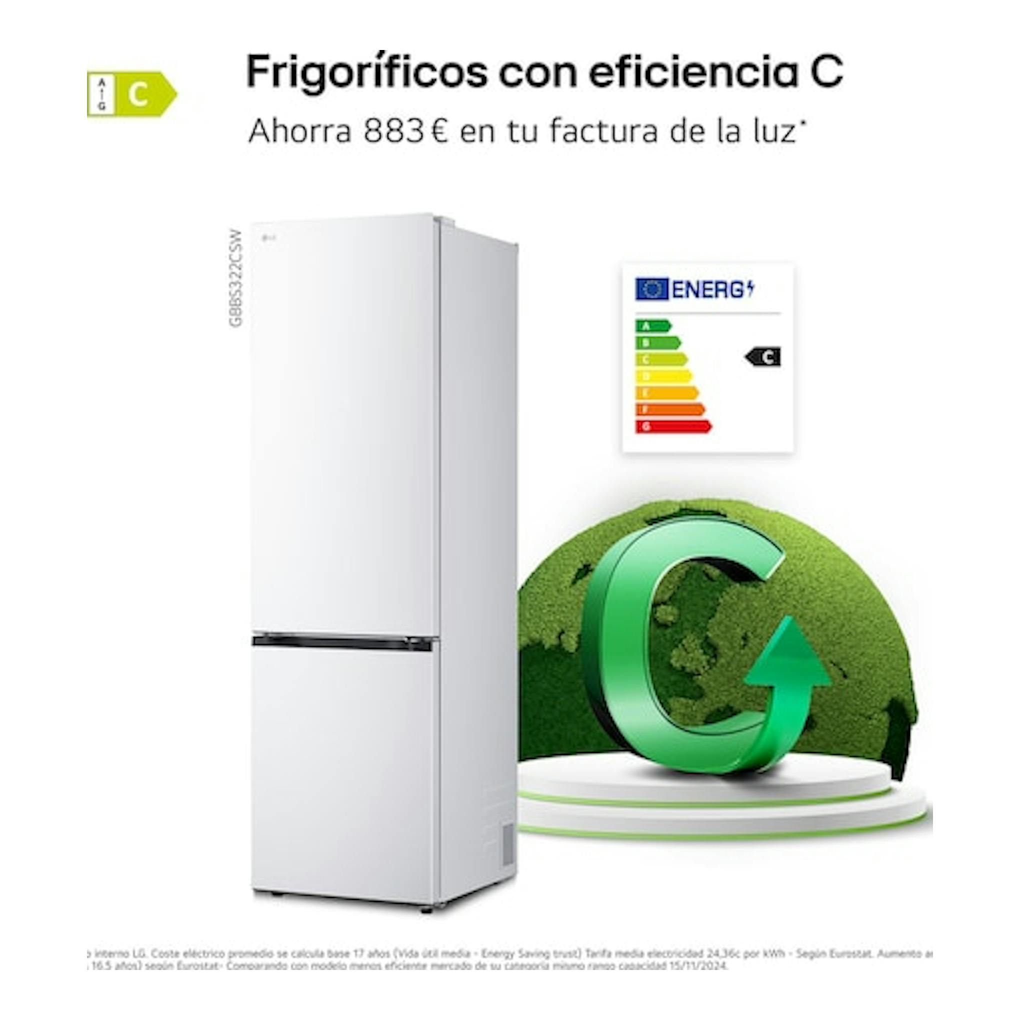Frigorífico combi LG GBBS322CSW blanco, vista frontal, junto a etiqueta energética C.