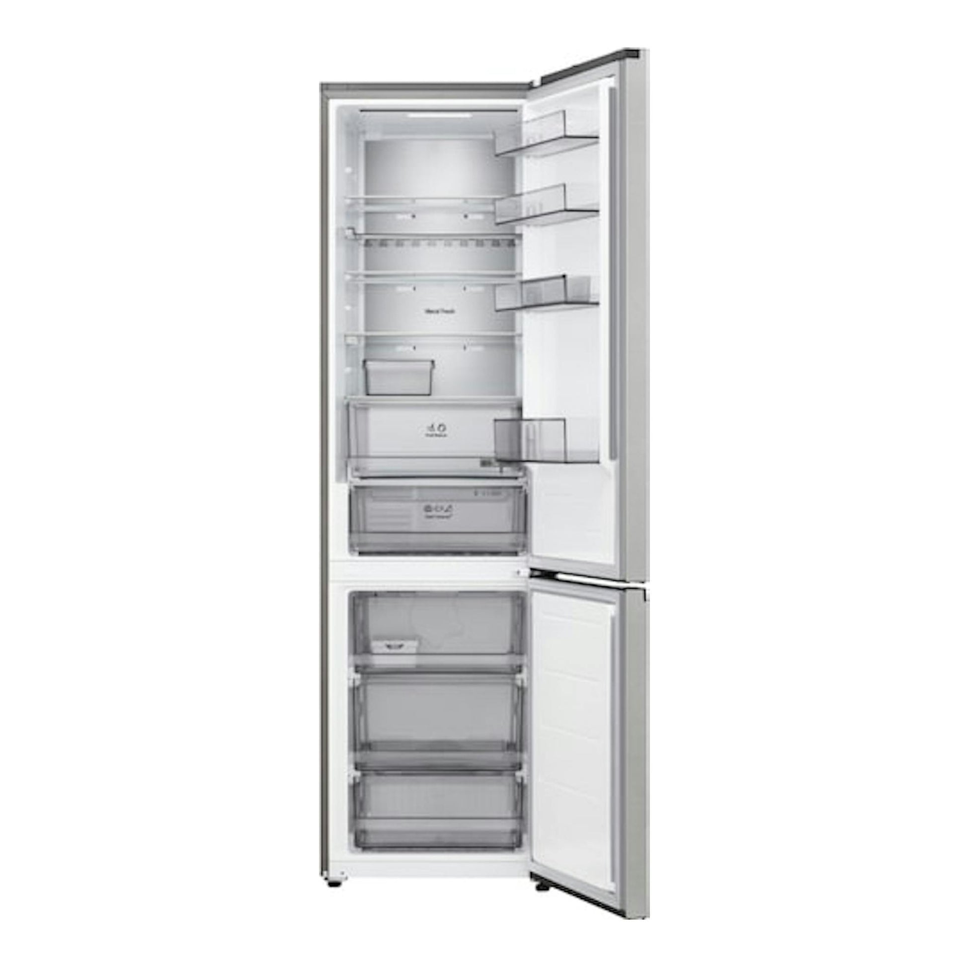 Frigorífico combi LG GBBS524CPY en inox, vista frontal con puertas abiertas y cajones visibles.
