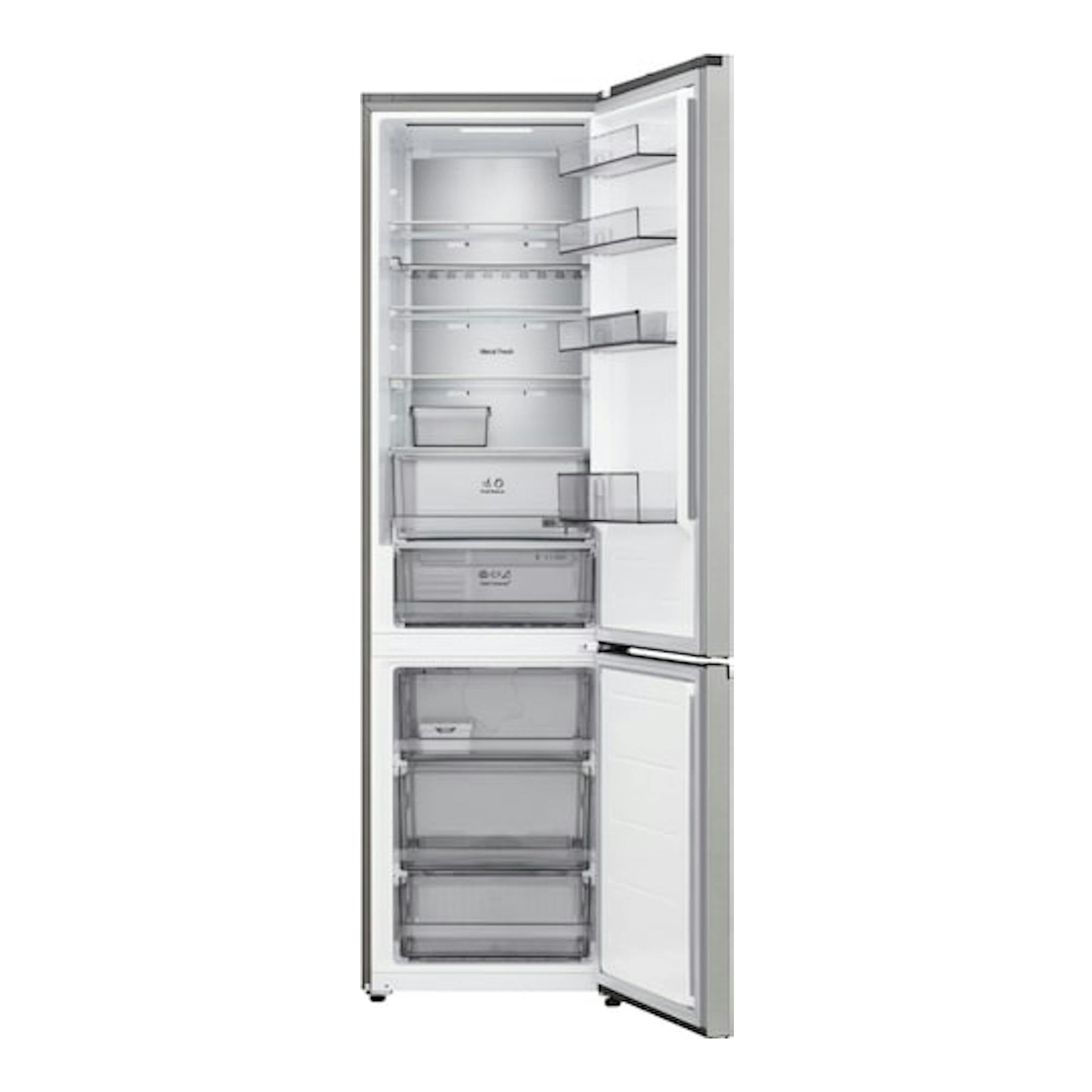 Frigorífico combi LG GBBS524CPY en inox, vista frontal con puertas abiertas y cajones visibles.