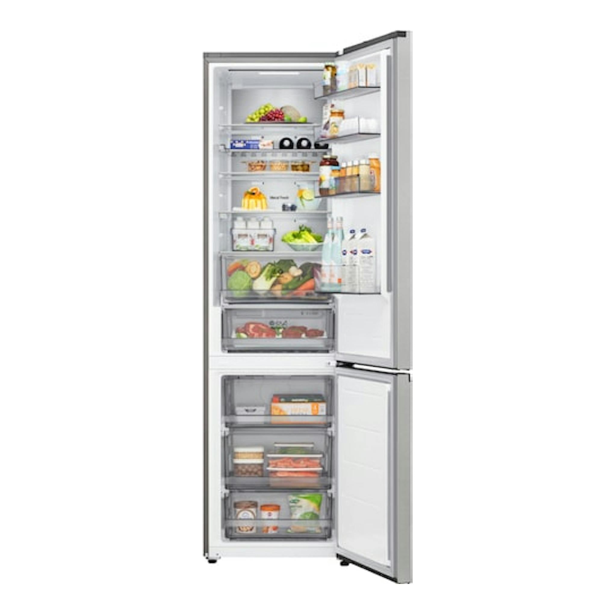 Frigorífico combi LG GBBS524CPY en acero inoxidable, puerta abierta, interior y congelador visibles.