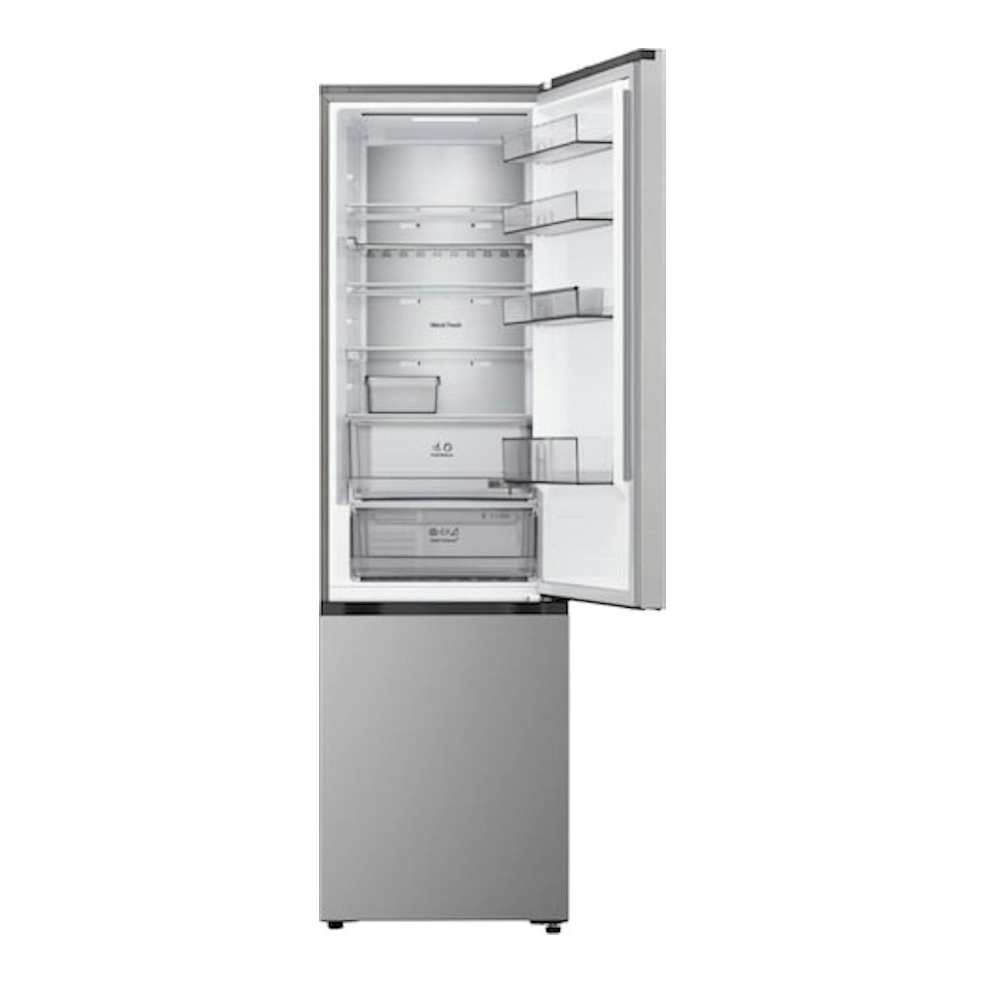 Frigorífico combi LG GBBS524CPY en inox, vista frontal, puerta abierta e interior visible.