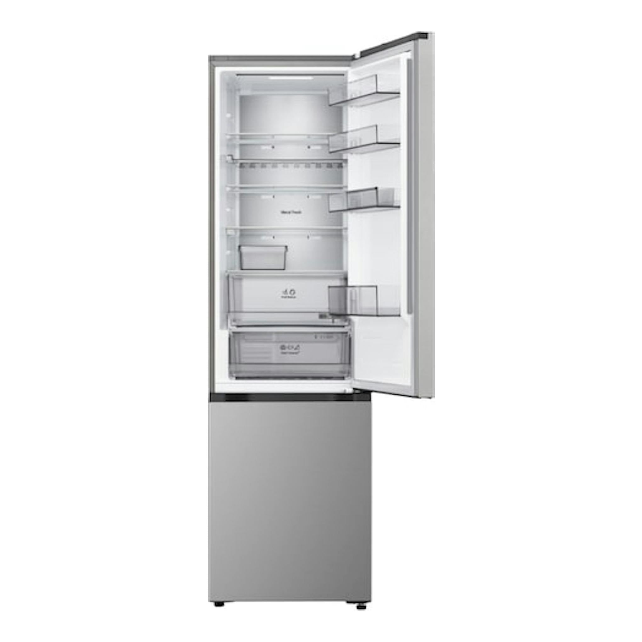 Frigorífico combi LG GBBS524CPY en inox, vista frontal, puerta abierta e interior visible.