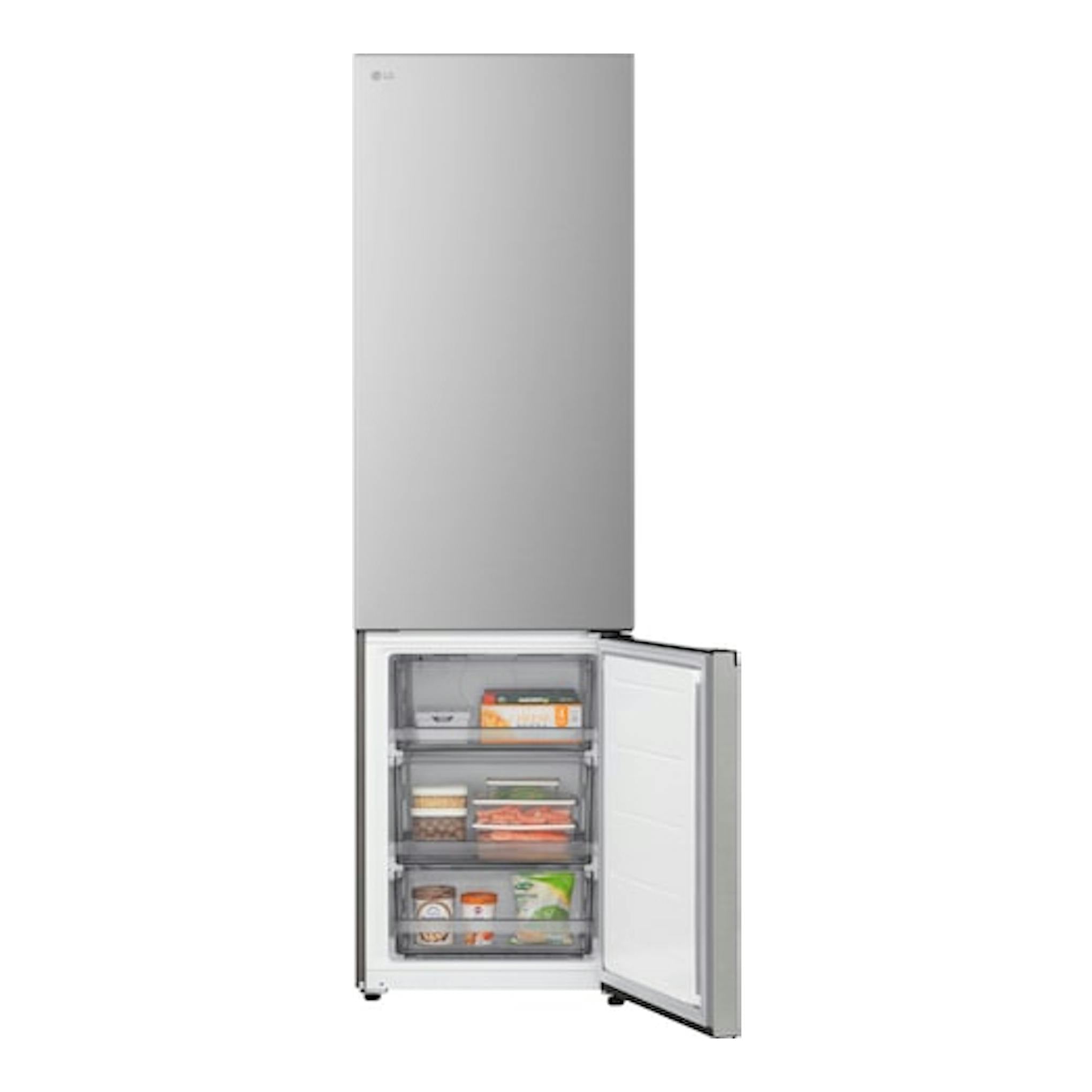 Frigorífico combi LG GBBS524CPY inox, vista frontal, con puerta inferior abierta y cajones del congelador visibles.