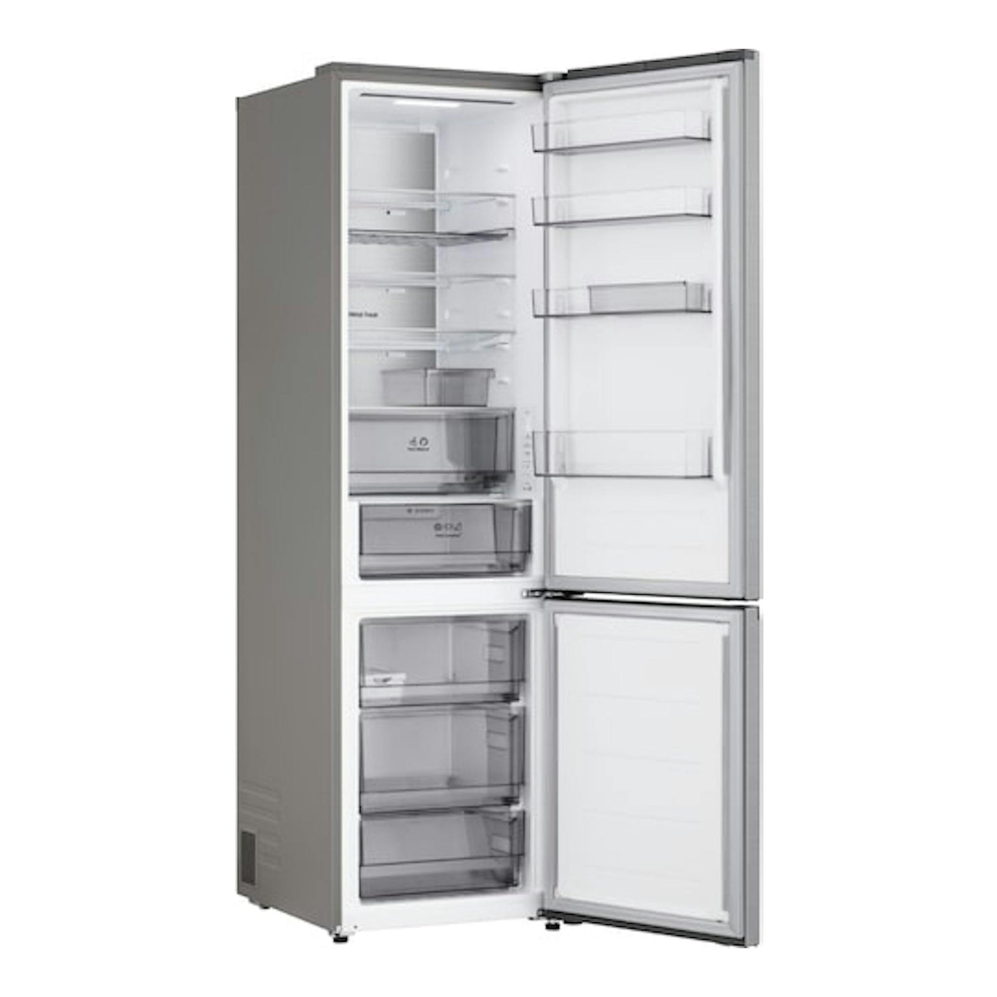 Frigorífico combi LG GBBS524CPY en inox, vista frontal con puertas abiertas y cajones visibles.