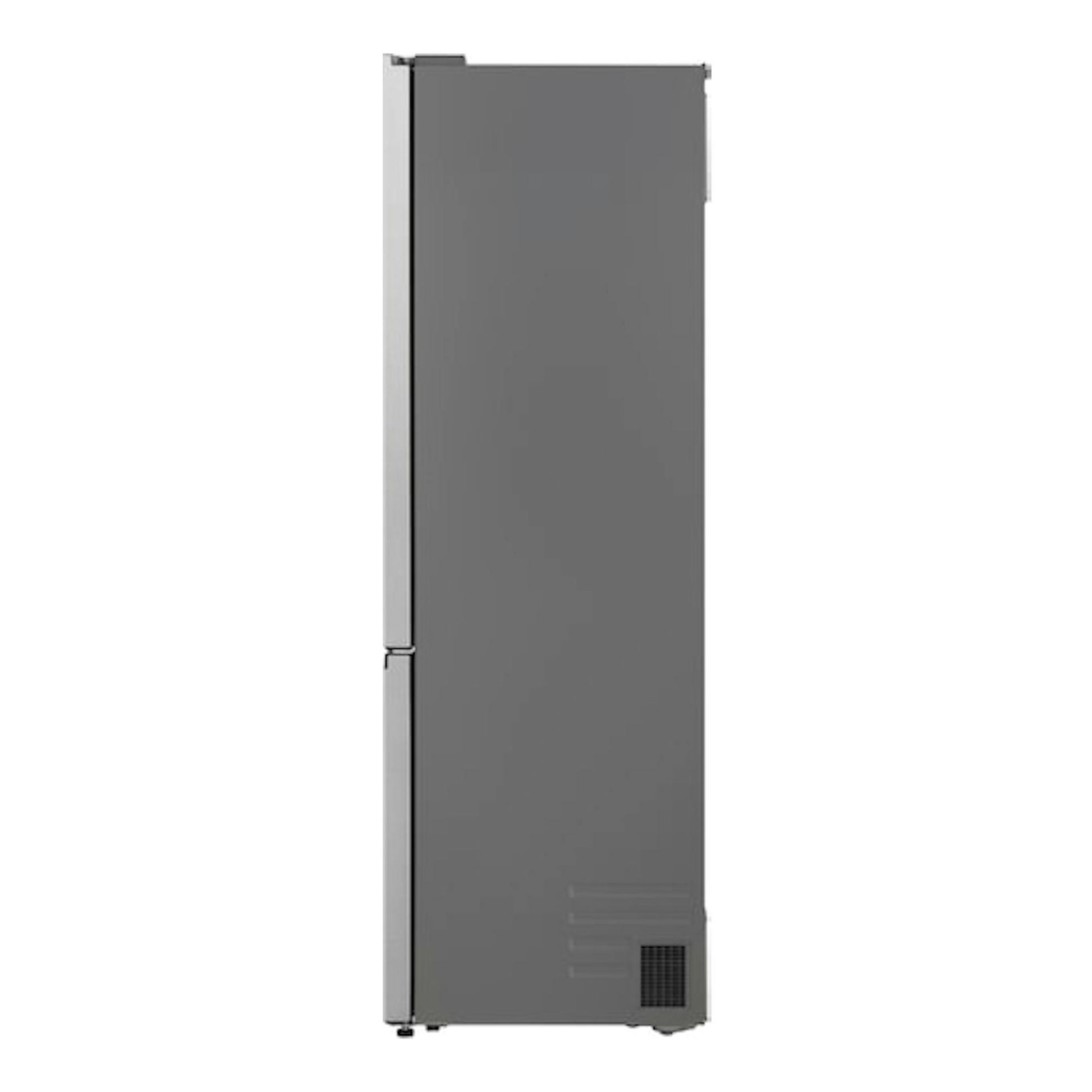 Frigorífico combi LG GBBS524CPY en gris inox, vista frontal con lateral izquierdo visible.