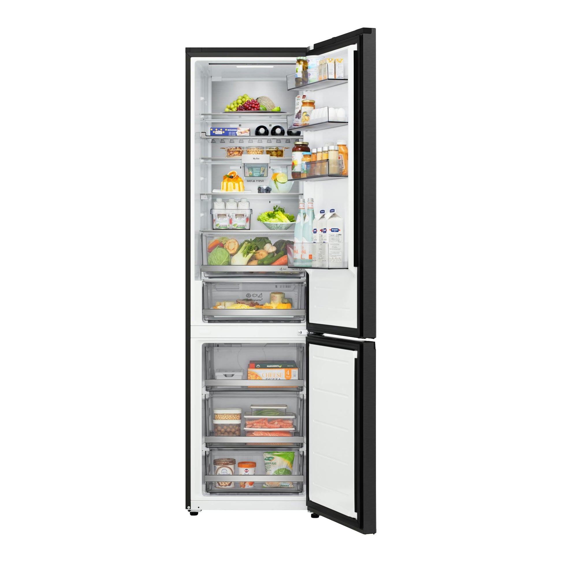 Frigorífico combi LG GBBS726CEV negro, de frente y con puertas abiertas, interior blanco y cajones transparentes.