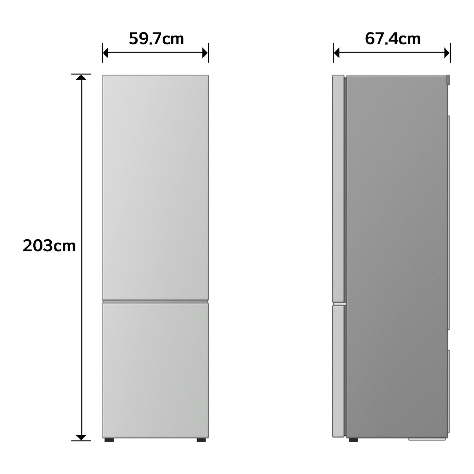 LG GBBS322BPY, frigorífico combi en vistas frontal y lateral, color inox gris, 203 cm alto, 59,7 cm ancho.