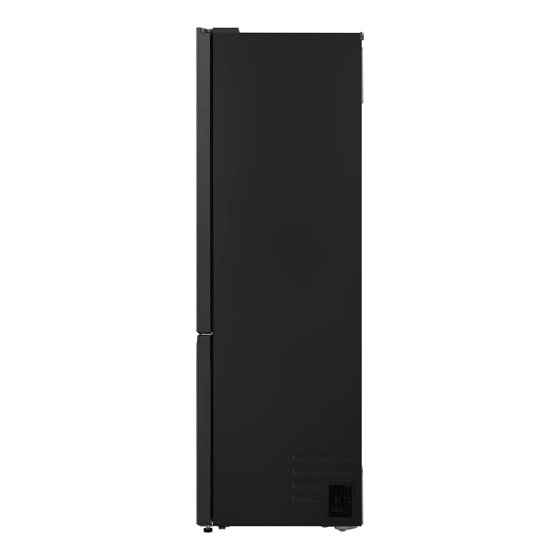 Frigorífico combi LG GBBS726CEV negro, vista lateral frontal, con dos puertas y rejilla inferior.