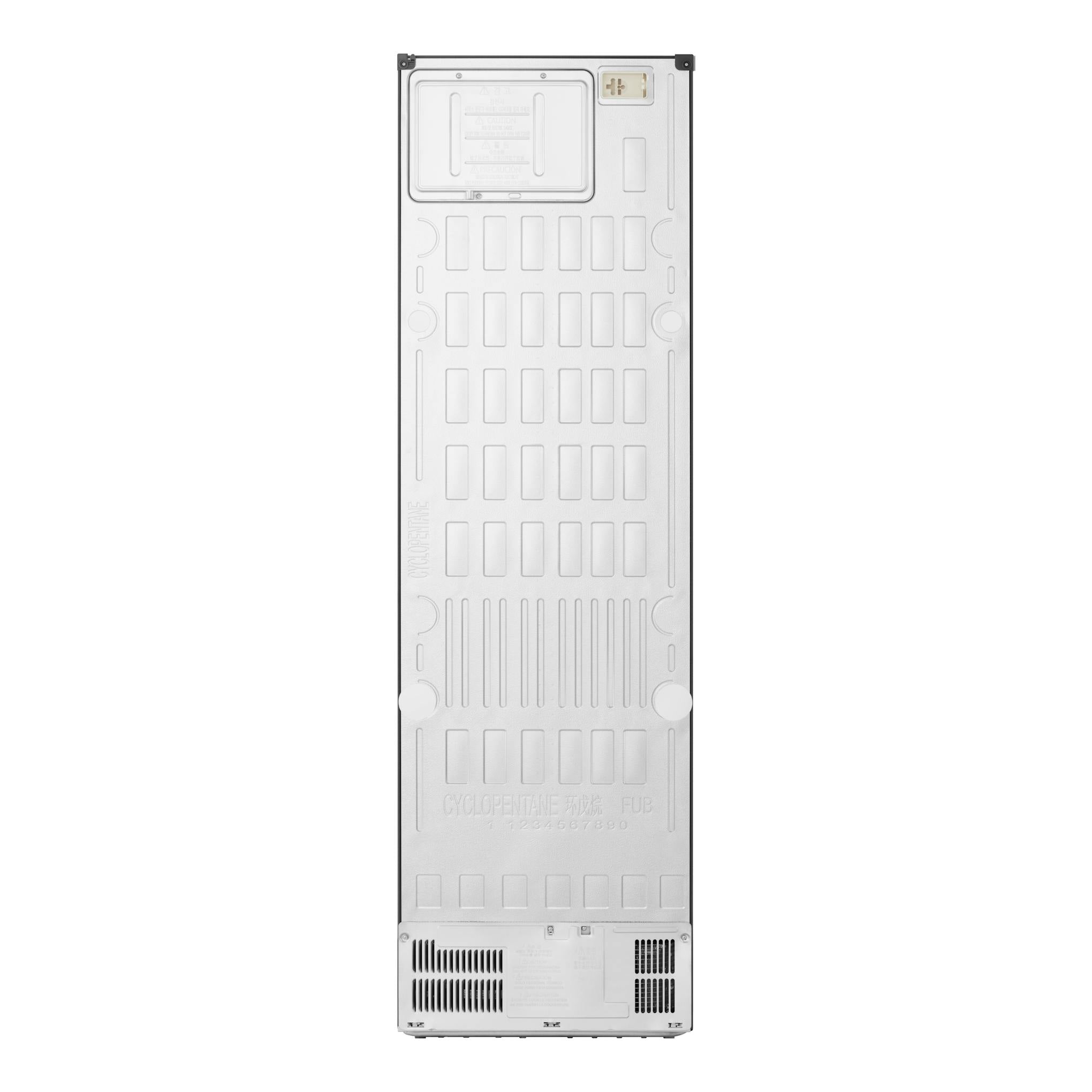 Frigorífico combi LG GBBS726CEV, vista trasera en blanco, con panel metálico y rejillas inferiores.