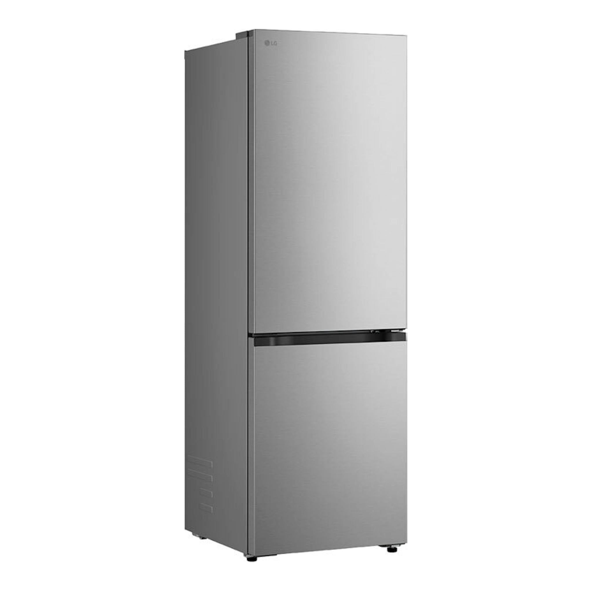 Frigorífico combi LG GBBSJ10DPY en inox, vista frontal en tres cuartos, con dos puertas y acabado metálico.
