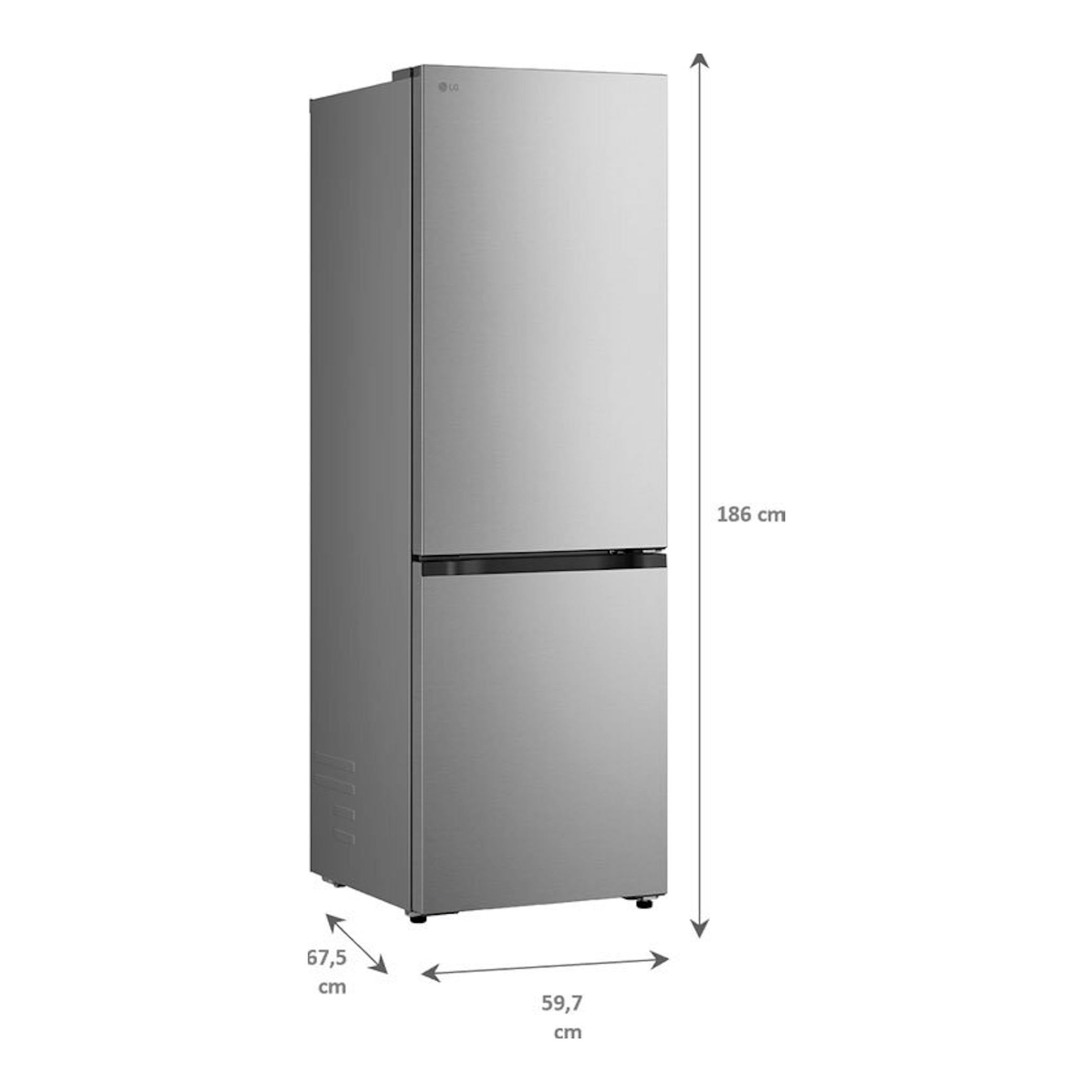 Frigorífico combi LG GBBSJ10DPY inox, vista frontal en ángulo, con medidas 186 x 59,7 x 67,5 cm.